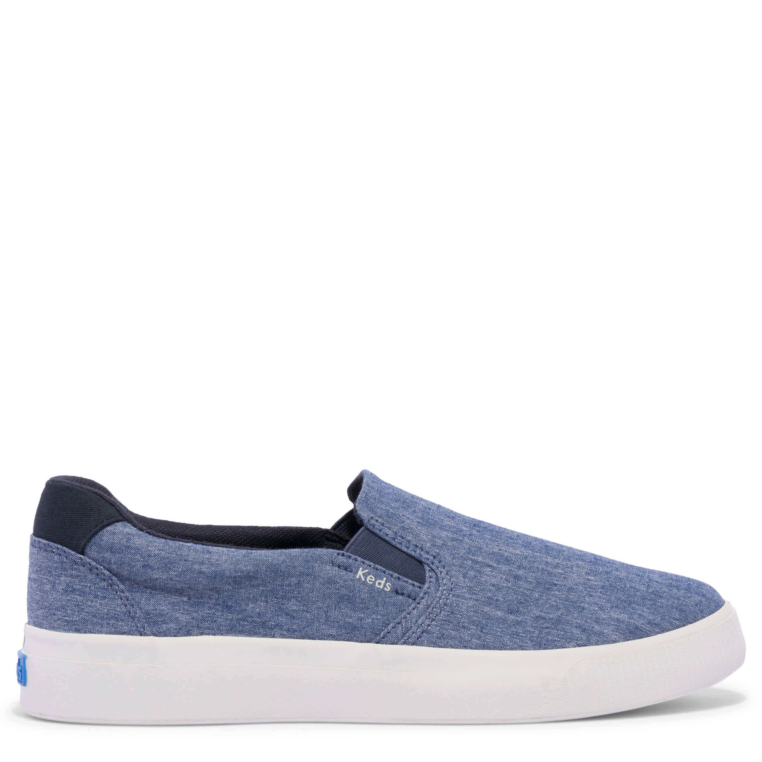 KEDS-WOMENS PURSUIT SLIP JERSEY SLIP ON SNEAKER-DENIM & NAVY