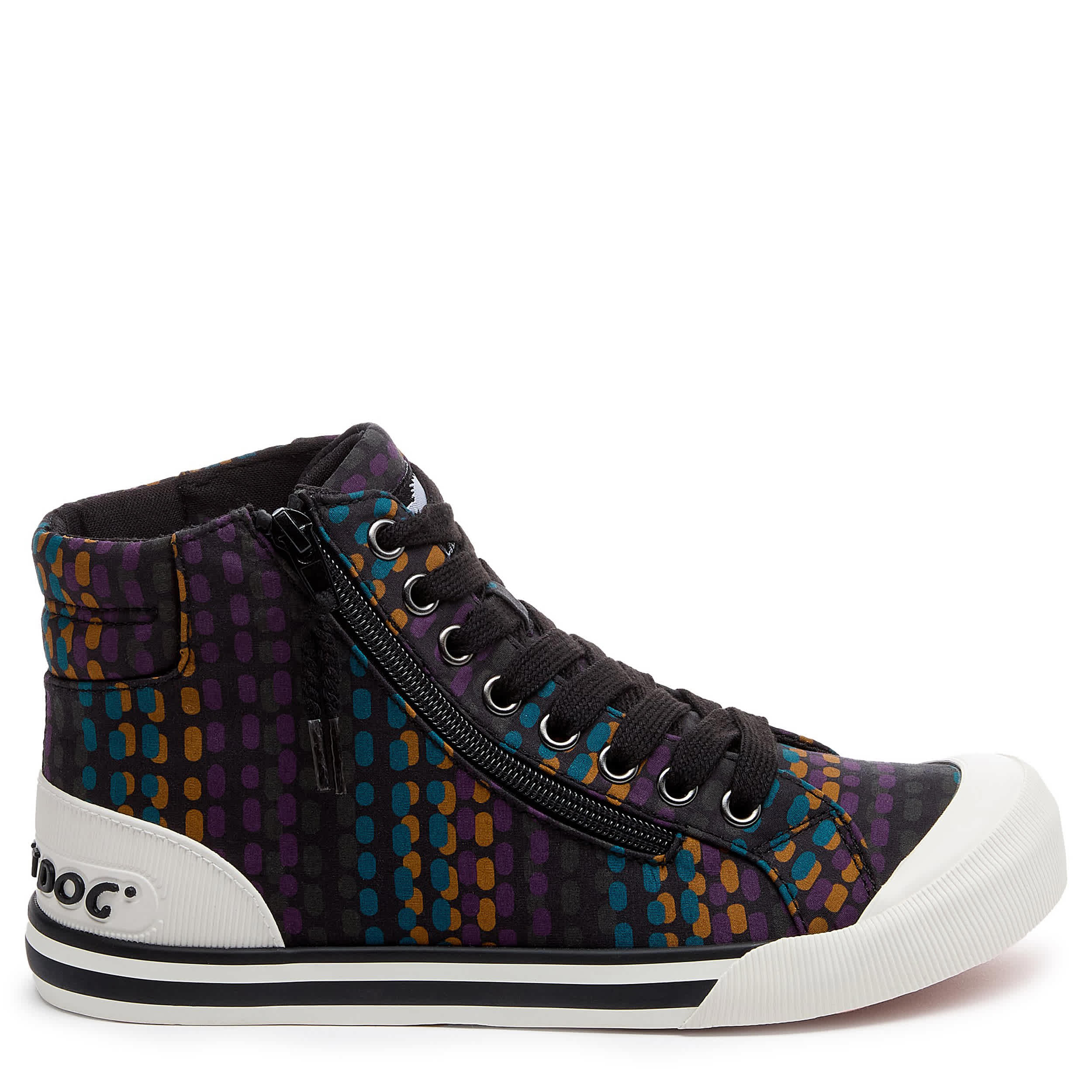 ROCKET DOG-WOMENS JAZZIN HI SNEAKER-BLACK & RAINBOW