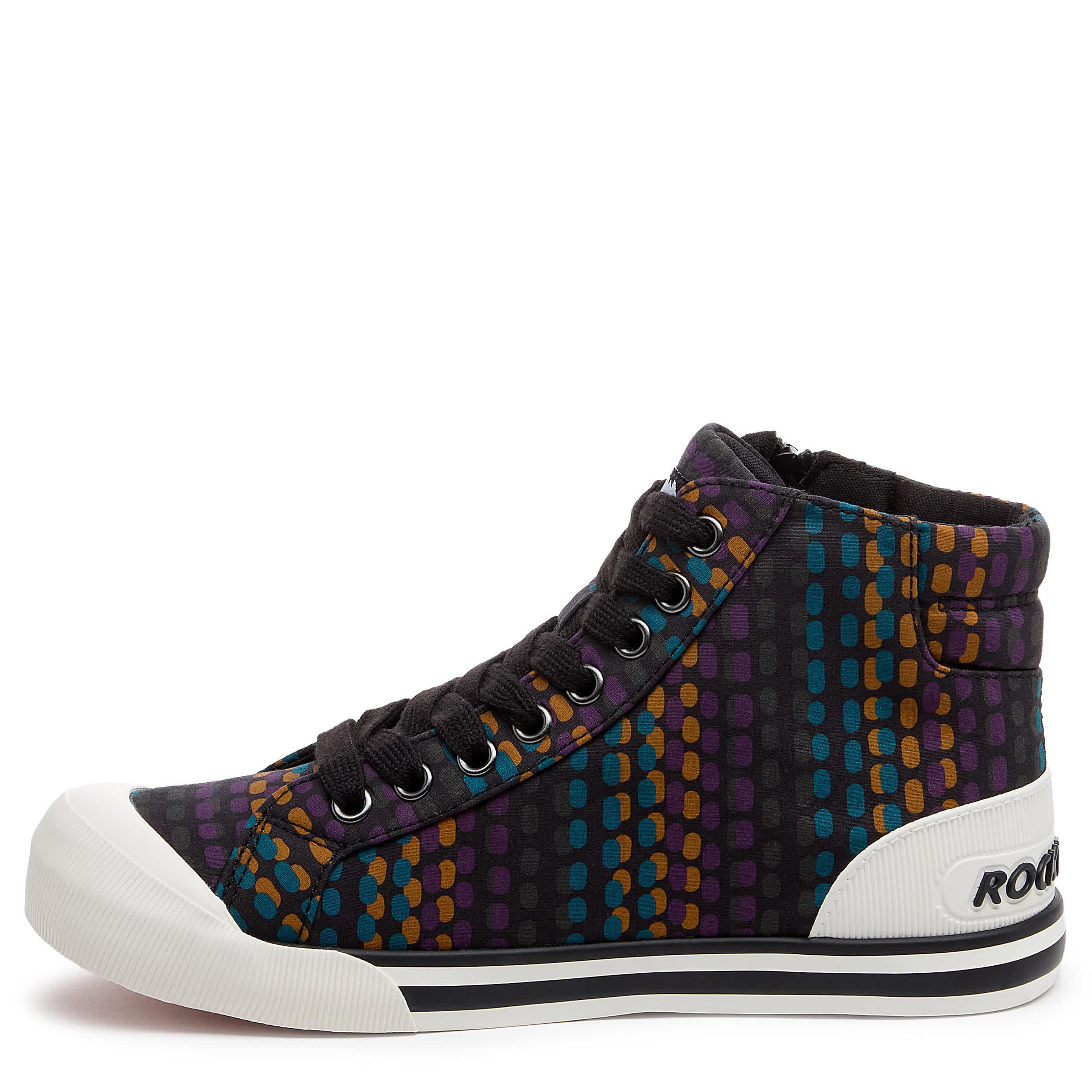 ROCKET DOG-WOMENS JAZZIN HI SNEAKER-BLACK & RAINBOW