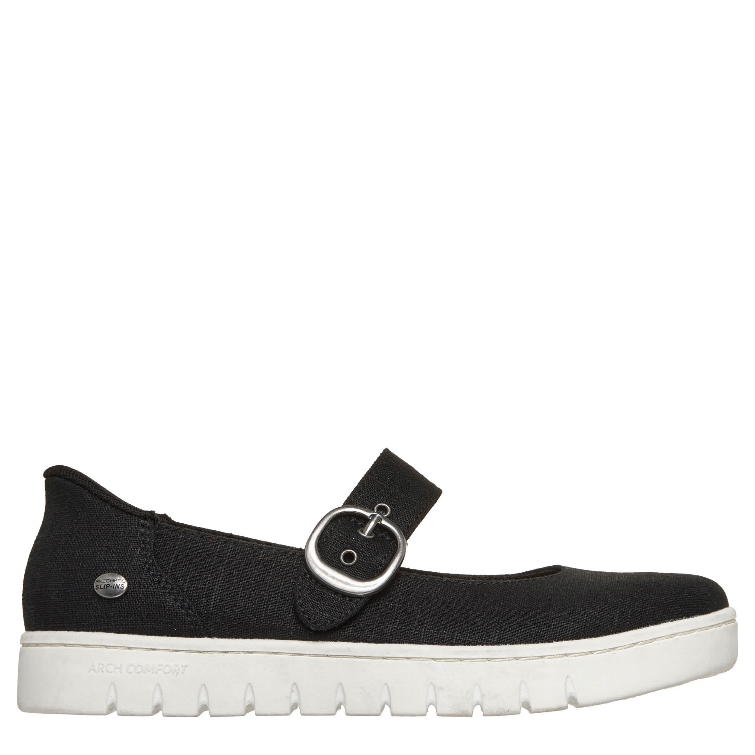 SKECHERS-WOMENS SLIP-INS ARCH COMFORT SUNFEST FLAT-BLACK & WHITE
