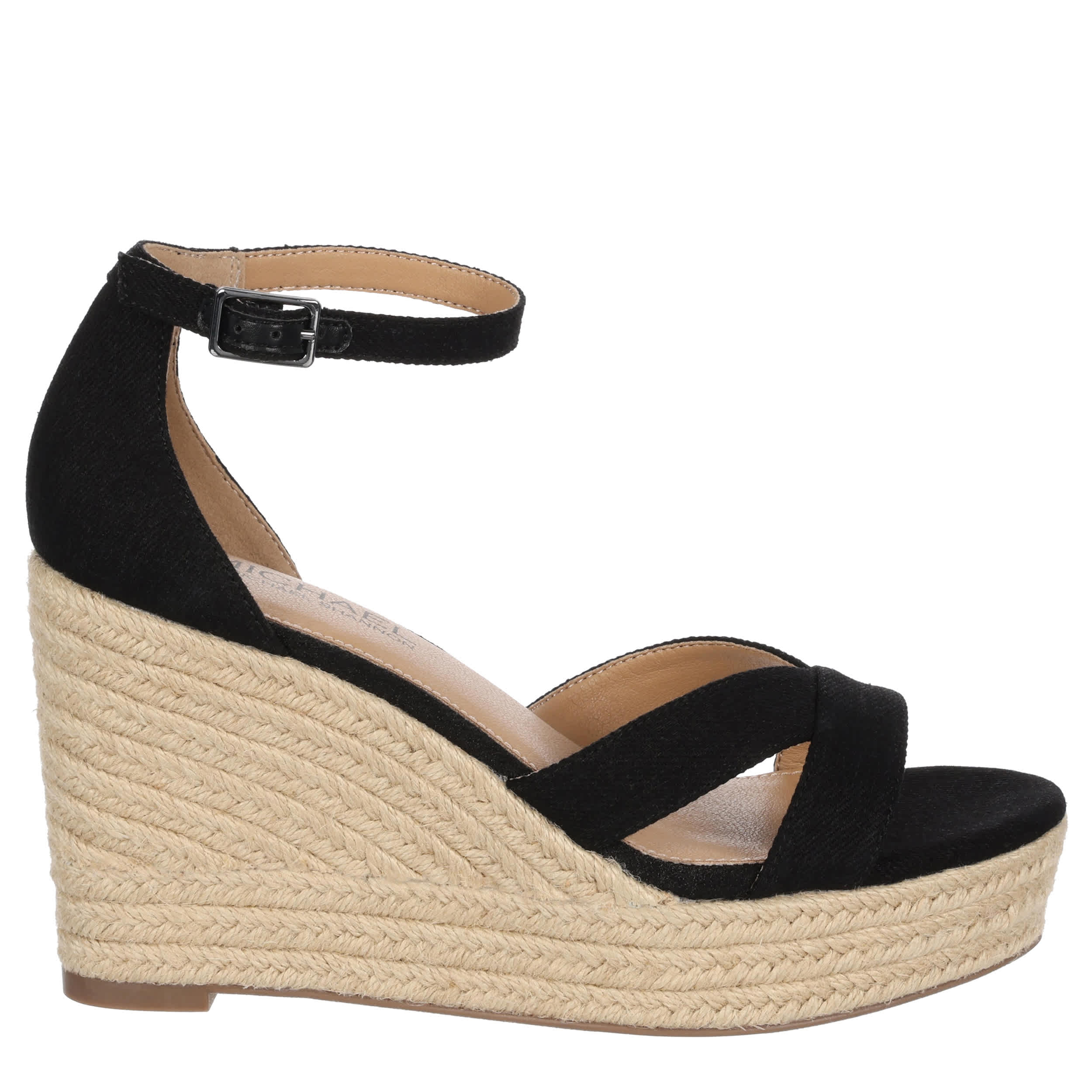 MICHAEL BY MICHAEL SHANNON-WOMENS PALOMA WEDGE SANDAL-BLACK & NATURAL