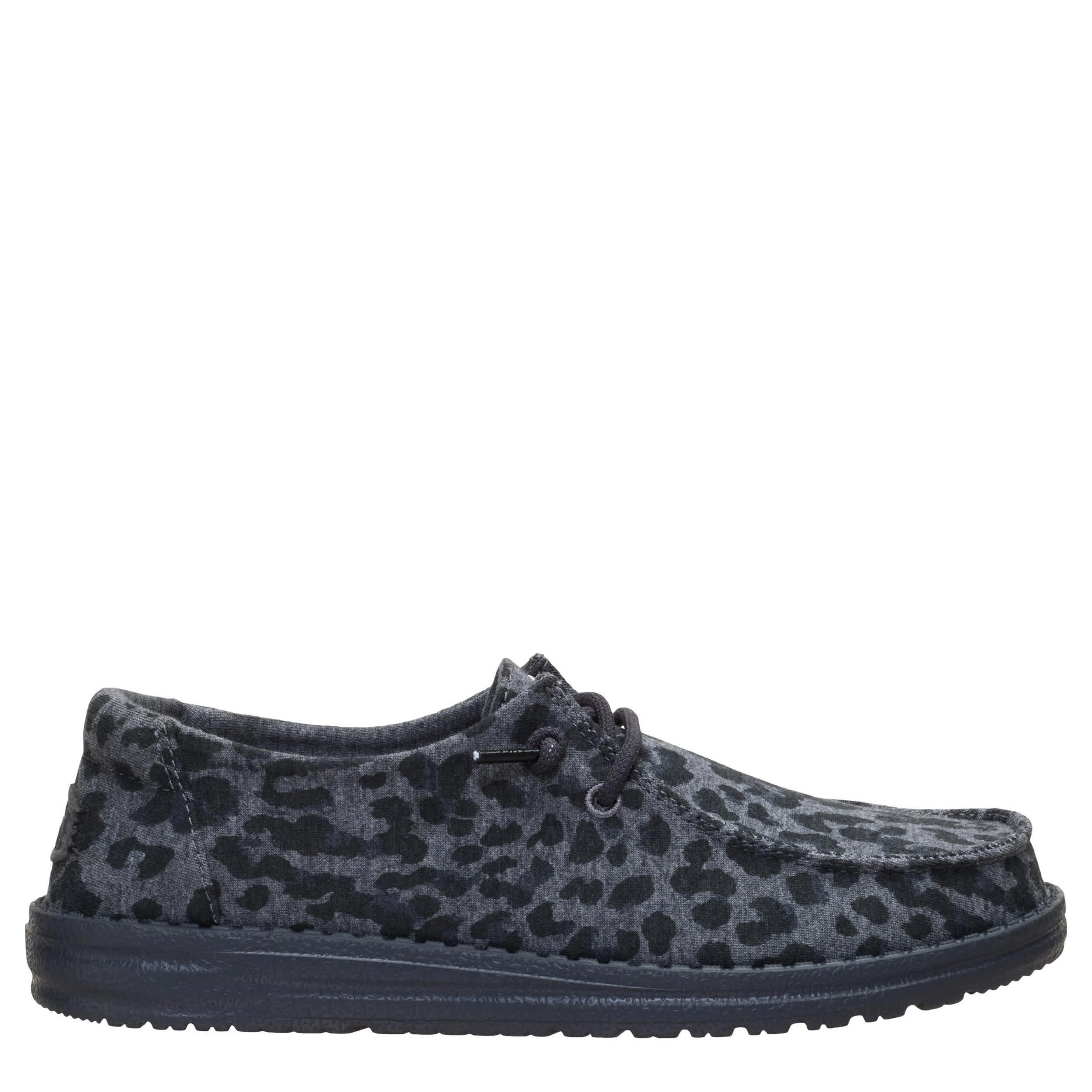 HEYDUDE-WOMENS WENDY STRETCH JERSEY SLIP ON SNEAKER-LEOPARD & BLACK