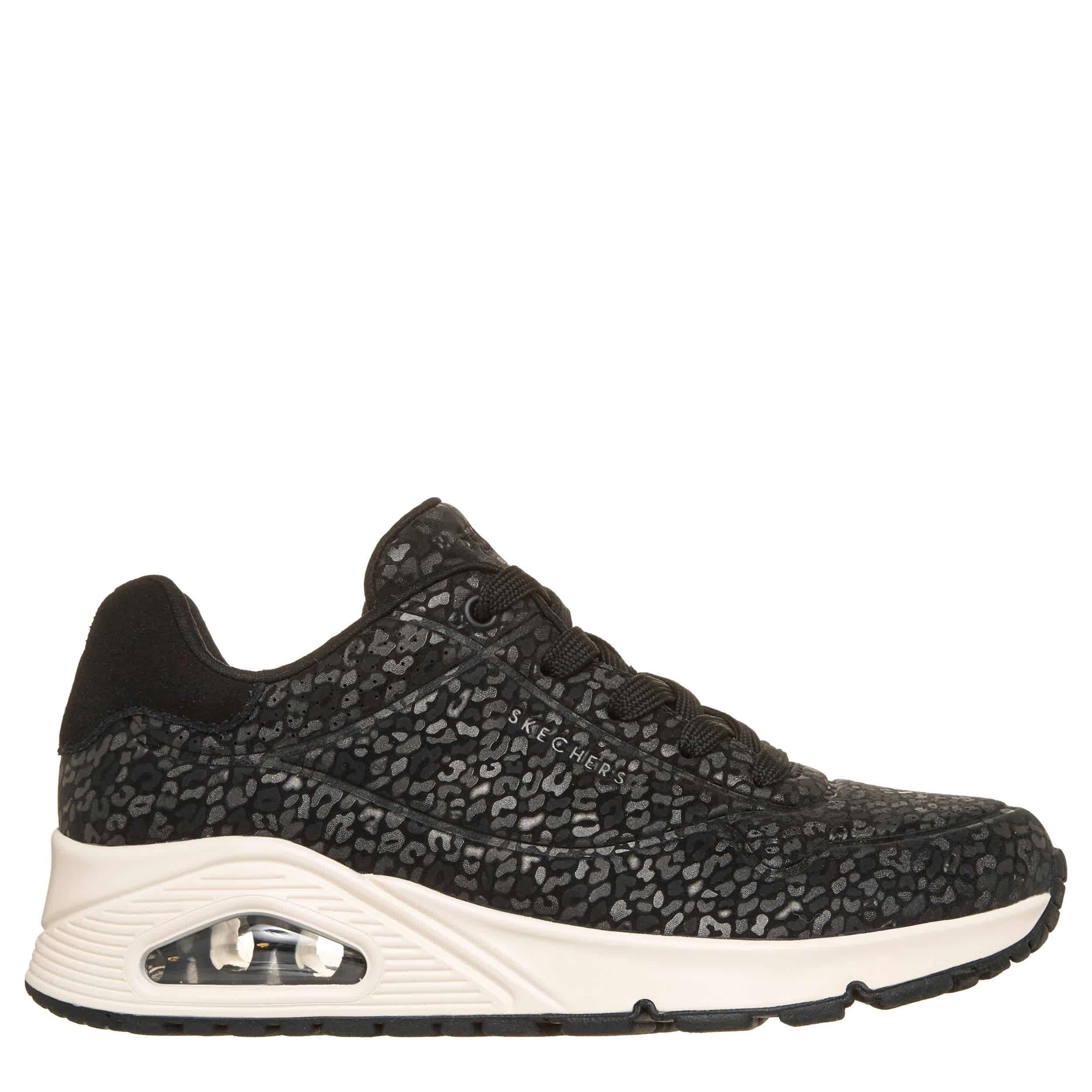SKECHERS-WOMENS UNO SNEAKER-BLACK & LEOPARD