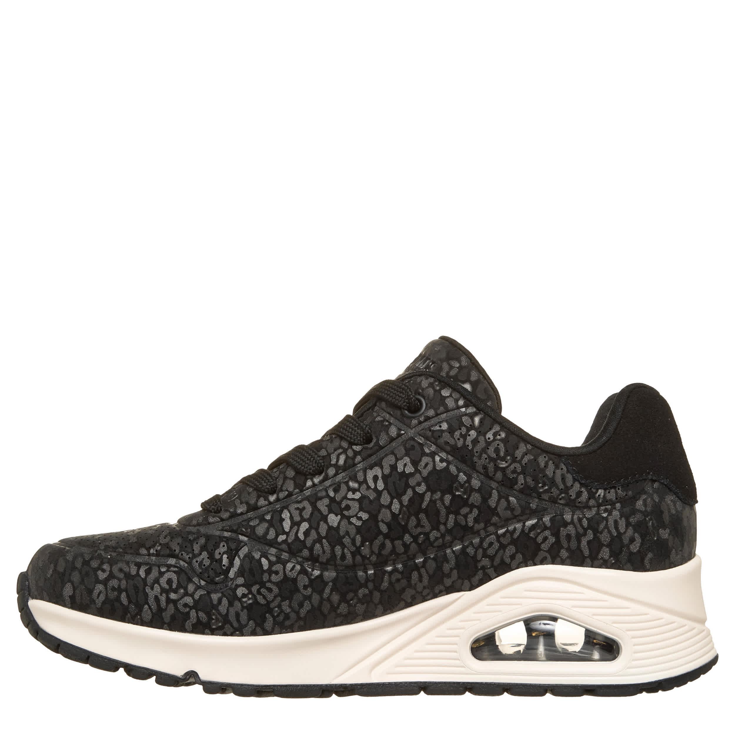 SKECHERS-WOMENS UNO SNEAKER-BLACK & LEOPARD