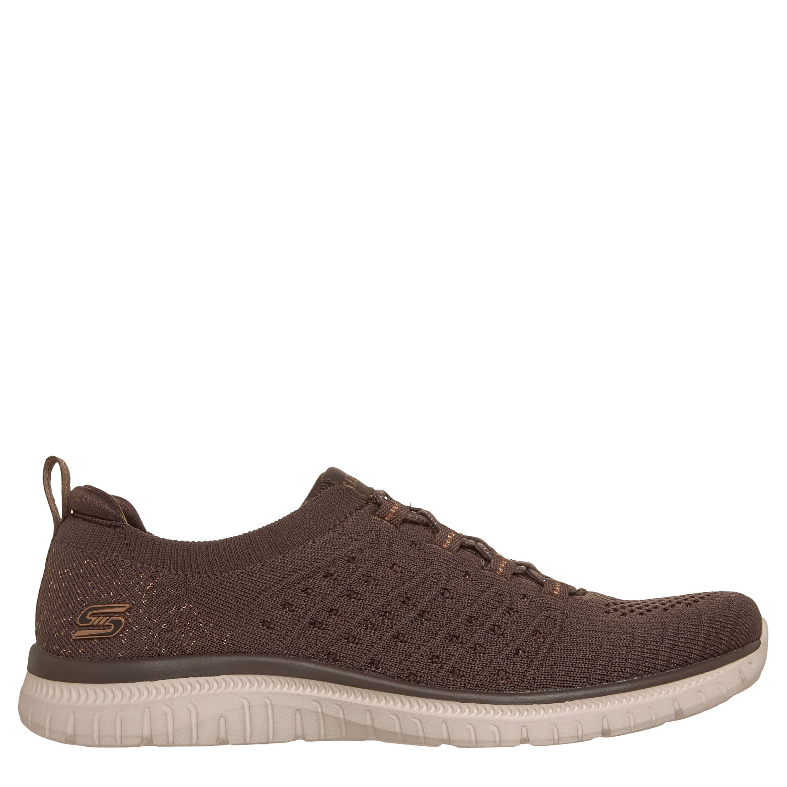 SKECHERS-WOMENS VIRTUE COPPER DREAM SLIP ON SNEAKER-CHOCOLATE & 