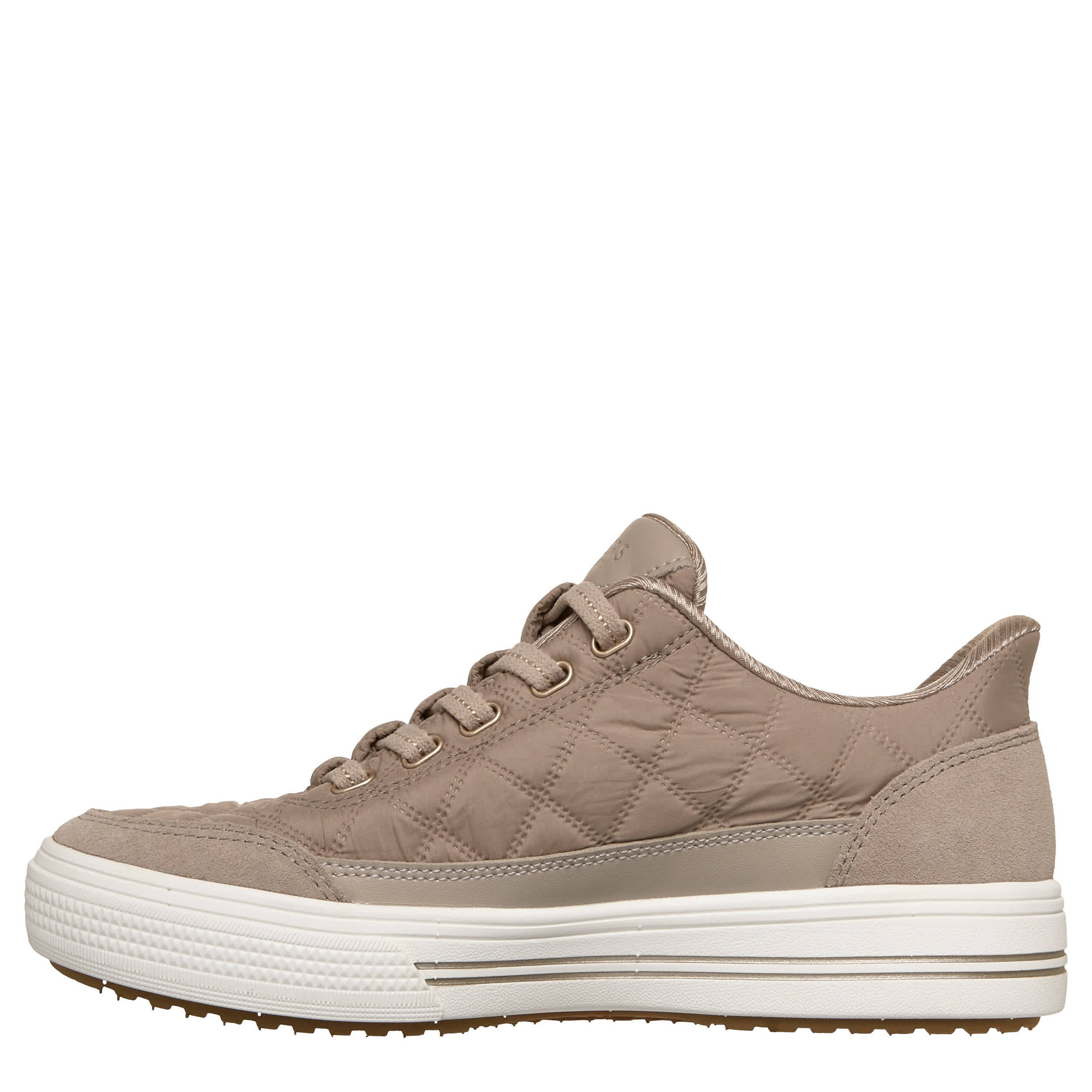 SKECHERS-WOMENS SLIP-INS ARCH FIT ARCADE SNEAKER-TAUPE & WHITE