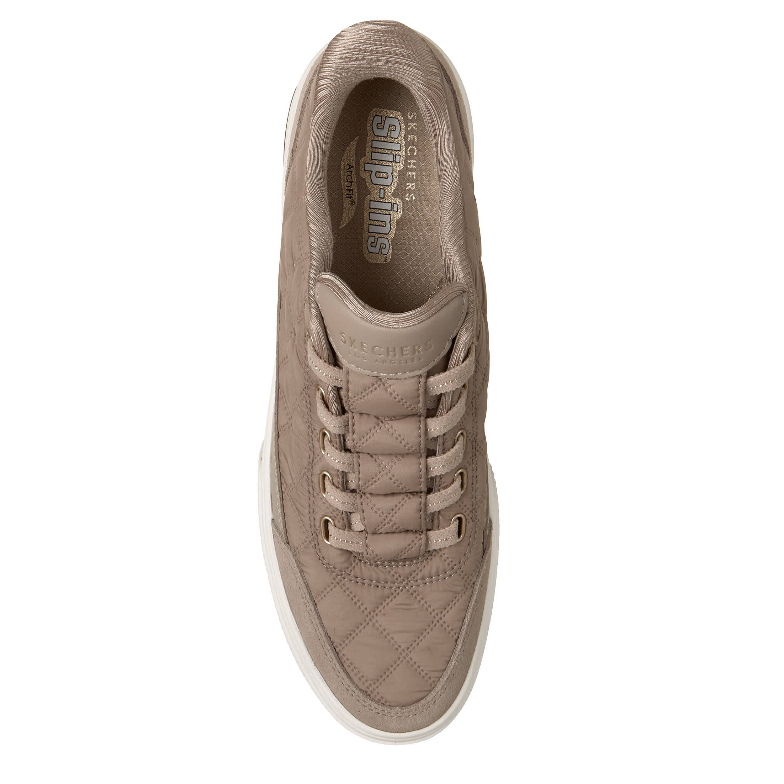 SKECHERS-WOMENS SLIP-INS ARCH FIT ARCADE SNEAKER-TAUPE & WHITE