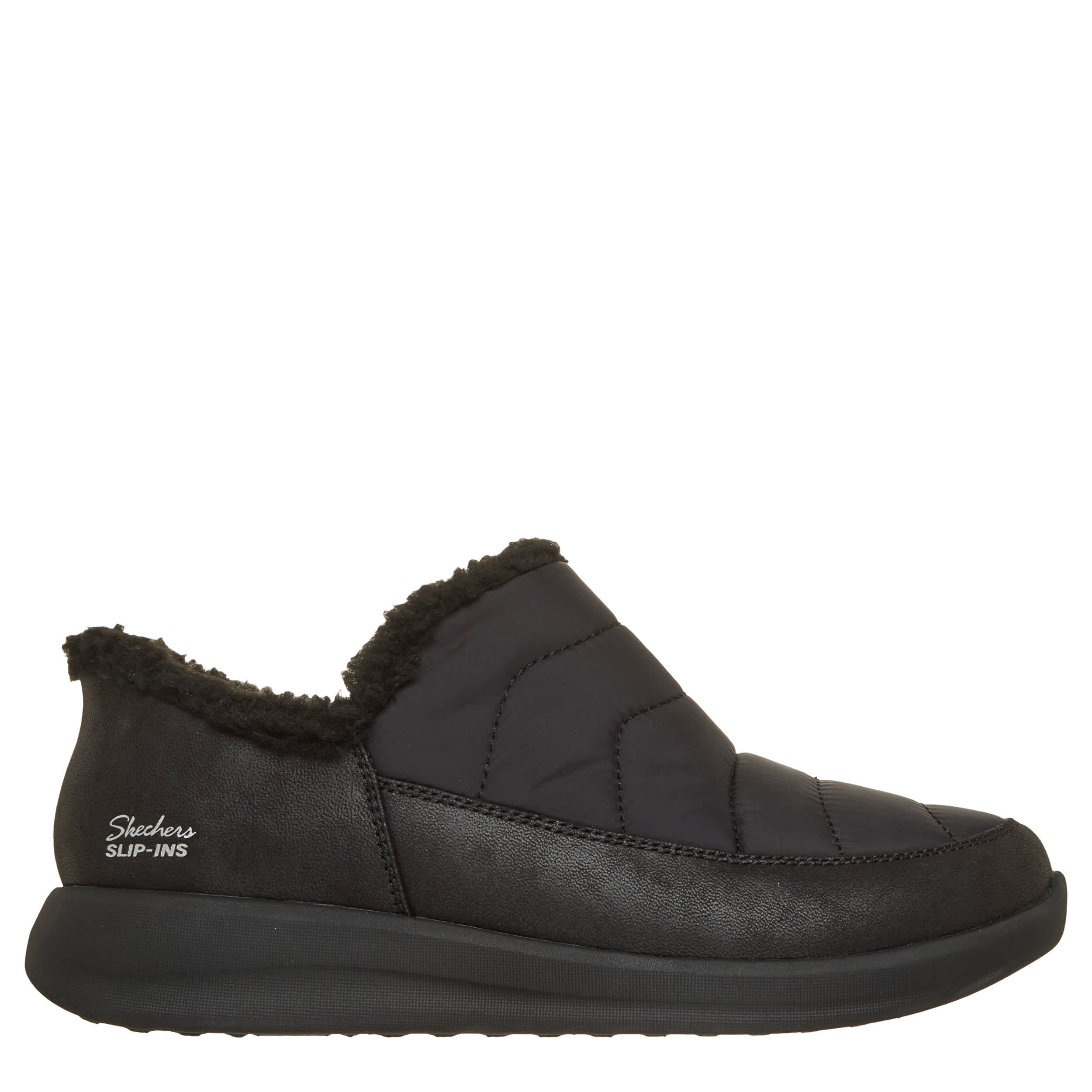 SKECHERS-WOMENS SLIP-INS COZY ESCAPE SNOWPUFF SNEAKER-BLACK & 
