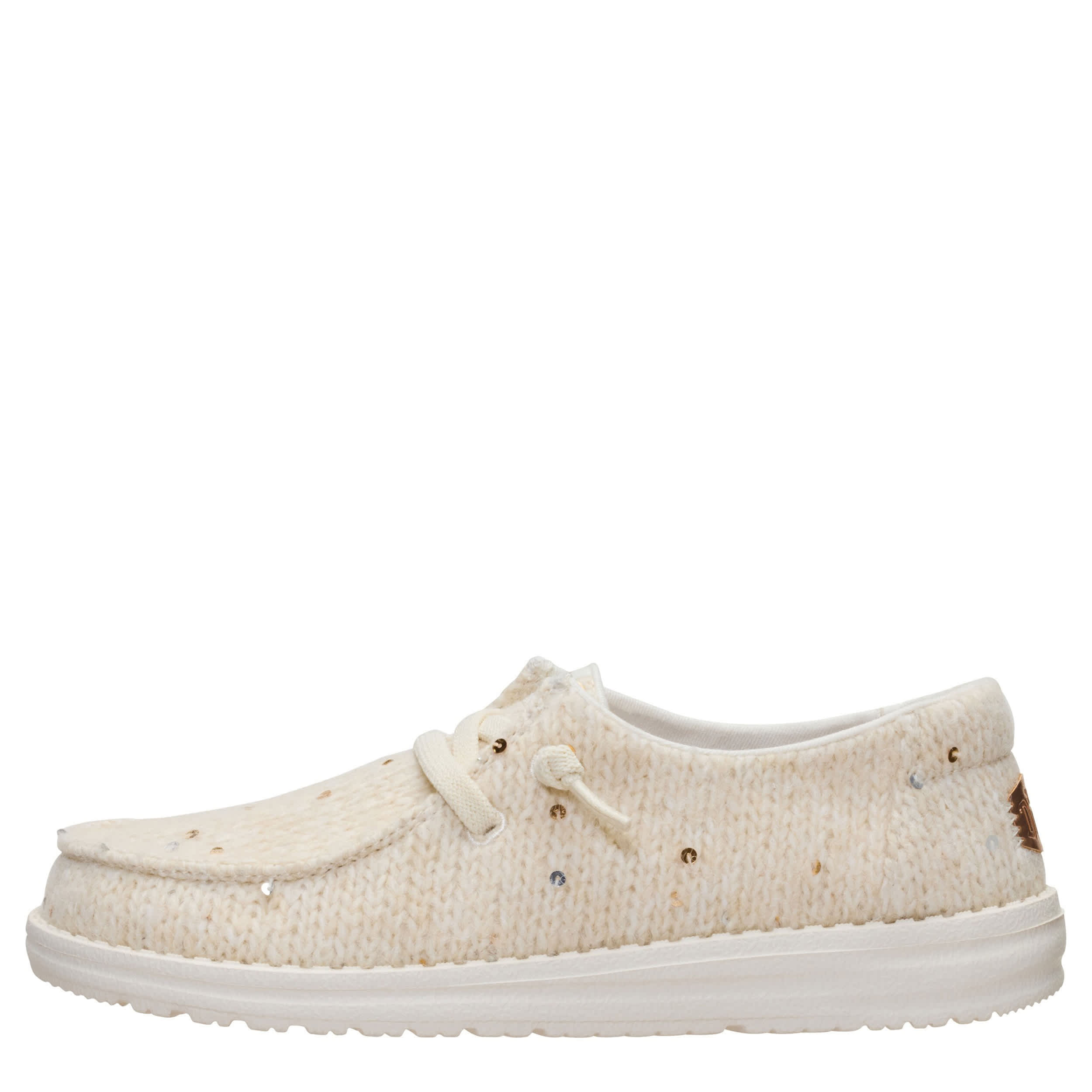 HEYDUDE-WOMENS WENDY KNIT SEQUIN SLIP ON SNEAKER-BEIGE & 
