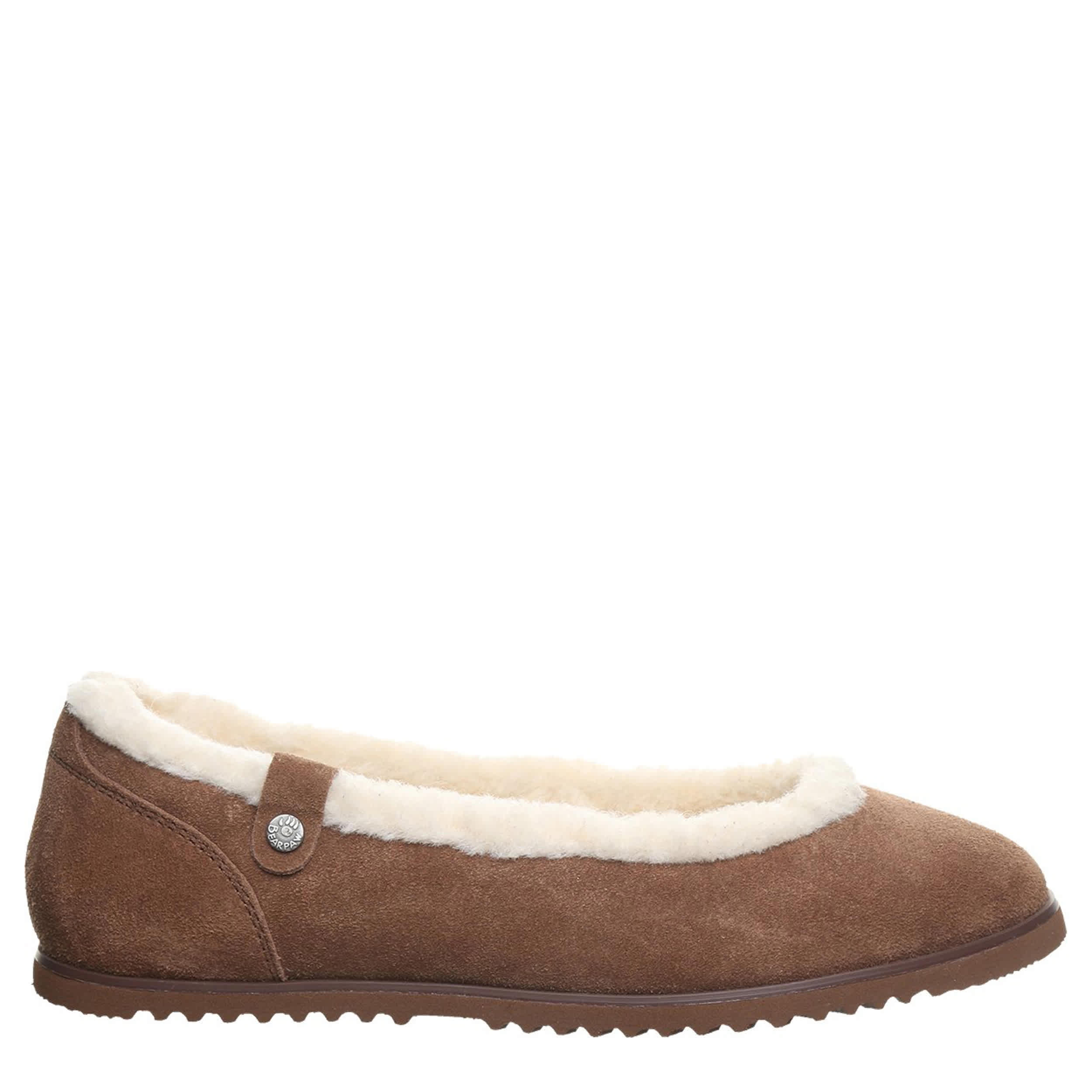 BEARPAW-WOMENS DELPHI FLAT SLIPPER-CHOCOLATE & 