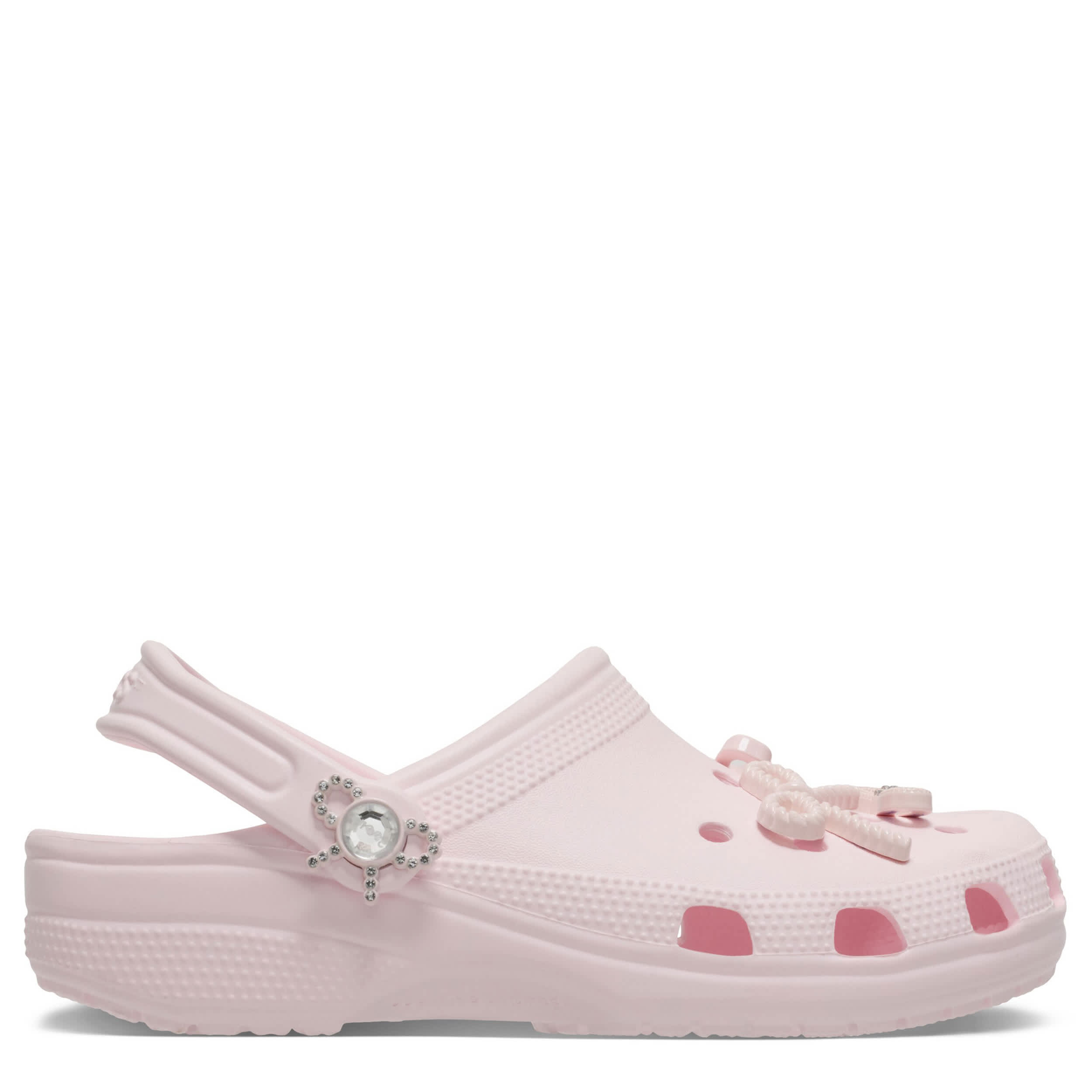 CROCS-WOMENS CLASSIC BLING BOWS CLOG-PALE PINK & SILVER