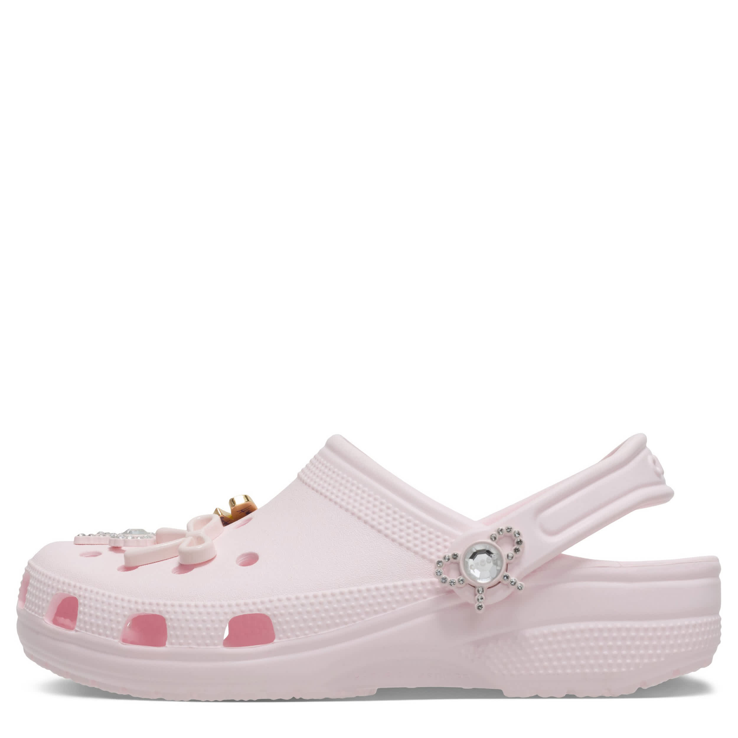 CROCS-WOMENS CLASSIC BLING BOWS CLOG-PALE PINK & SILVER