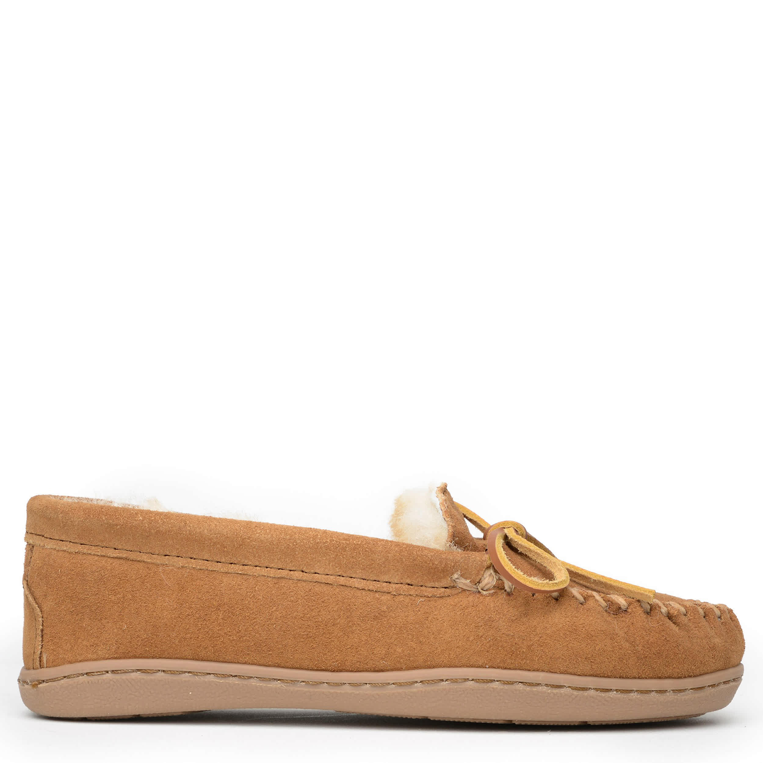MINNETONKA-WOMENS SHEEPSKIN HARDSOLE SLIPPER-TAN & 