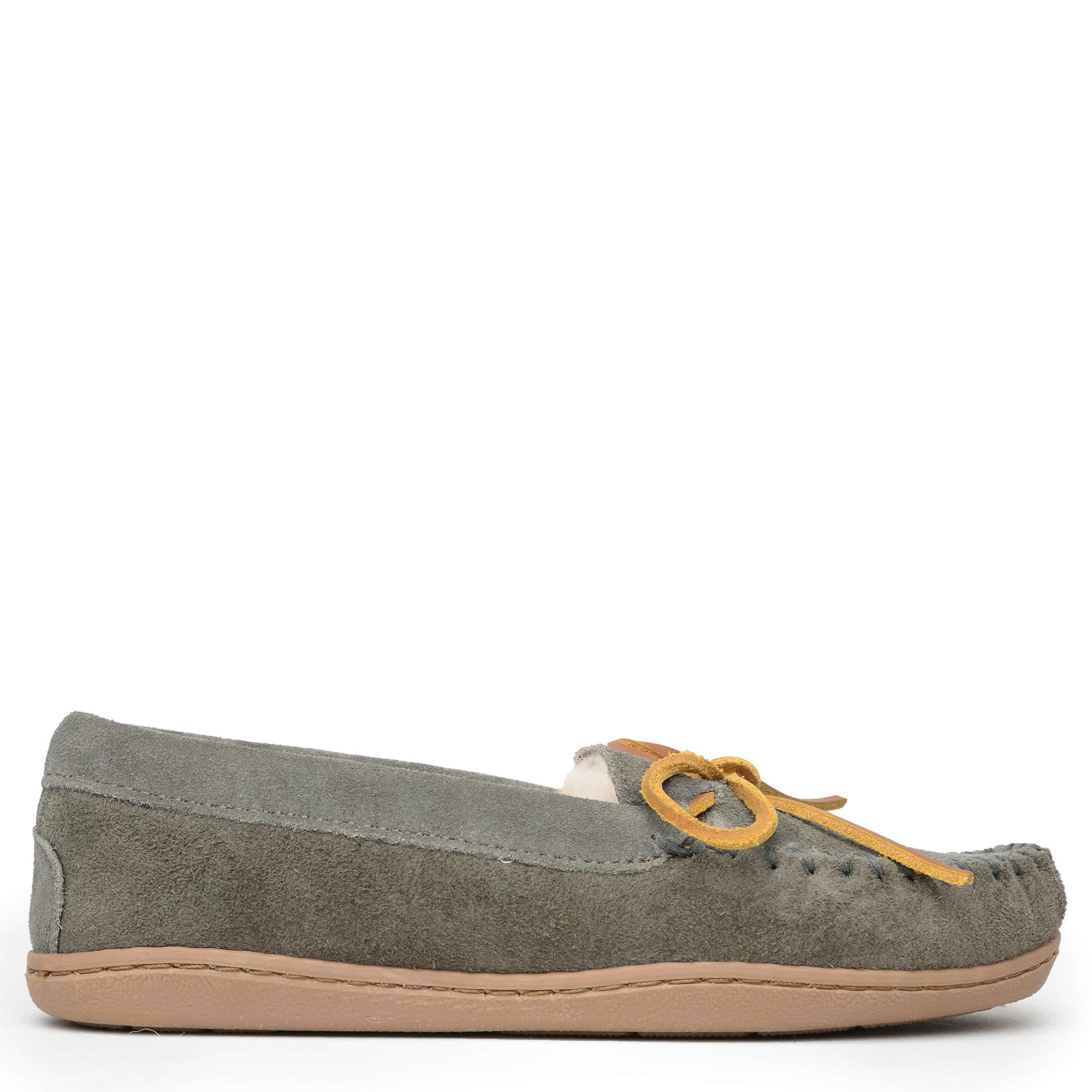 MINNETONKA-WOMENS SHEEPSKIN HARDSOLE SLIPPER-GREY & 