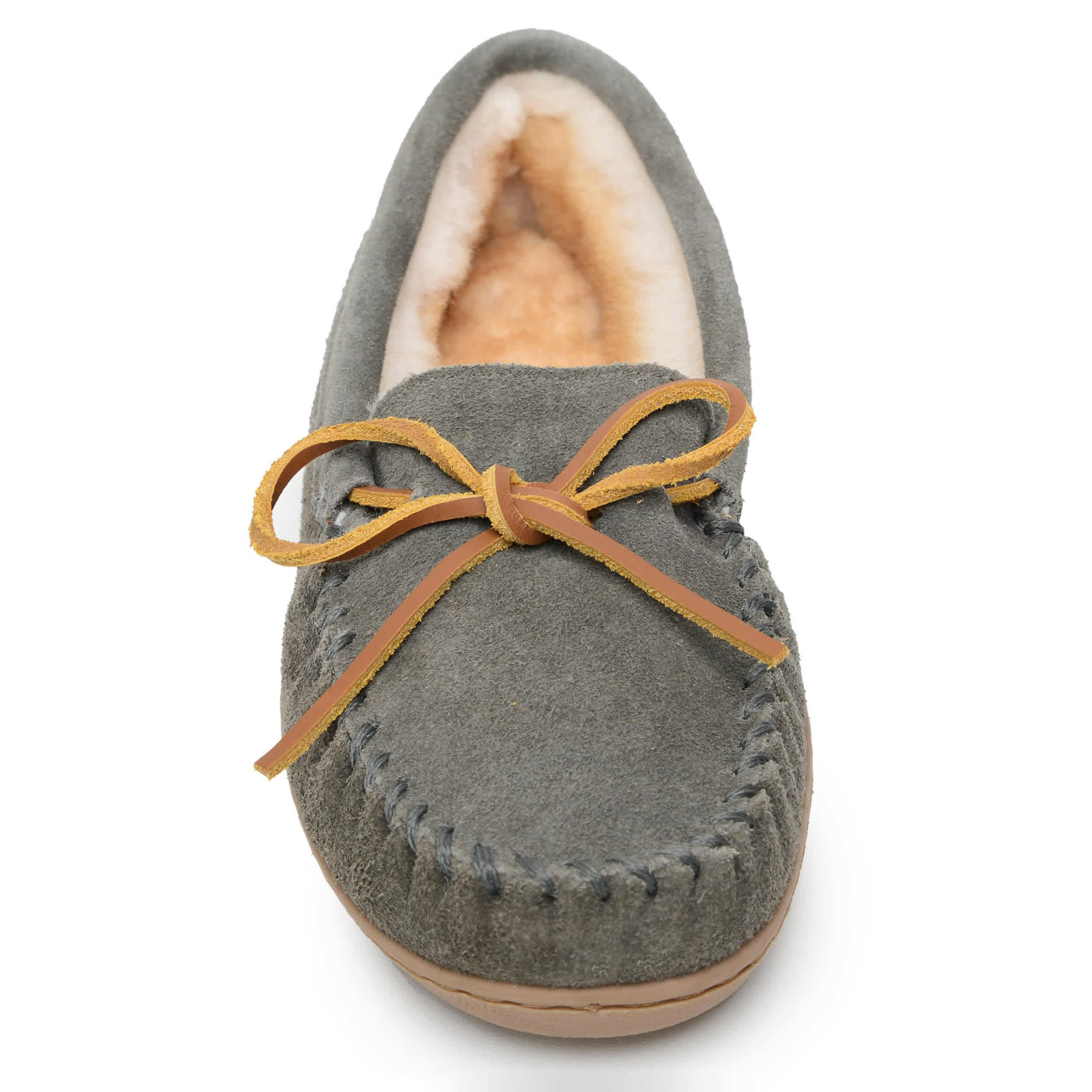 MINNETONKA-WOMENS SHEEPSKIN HARDSOLE SLIPPER-GREY & 