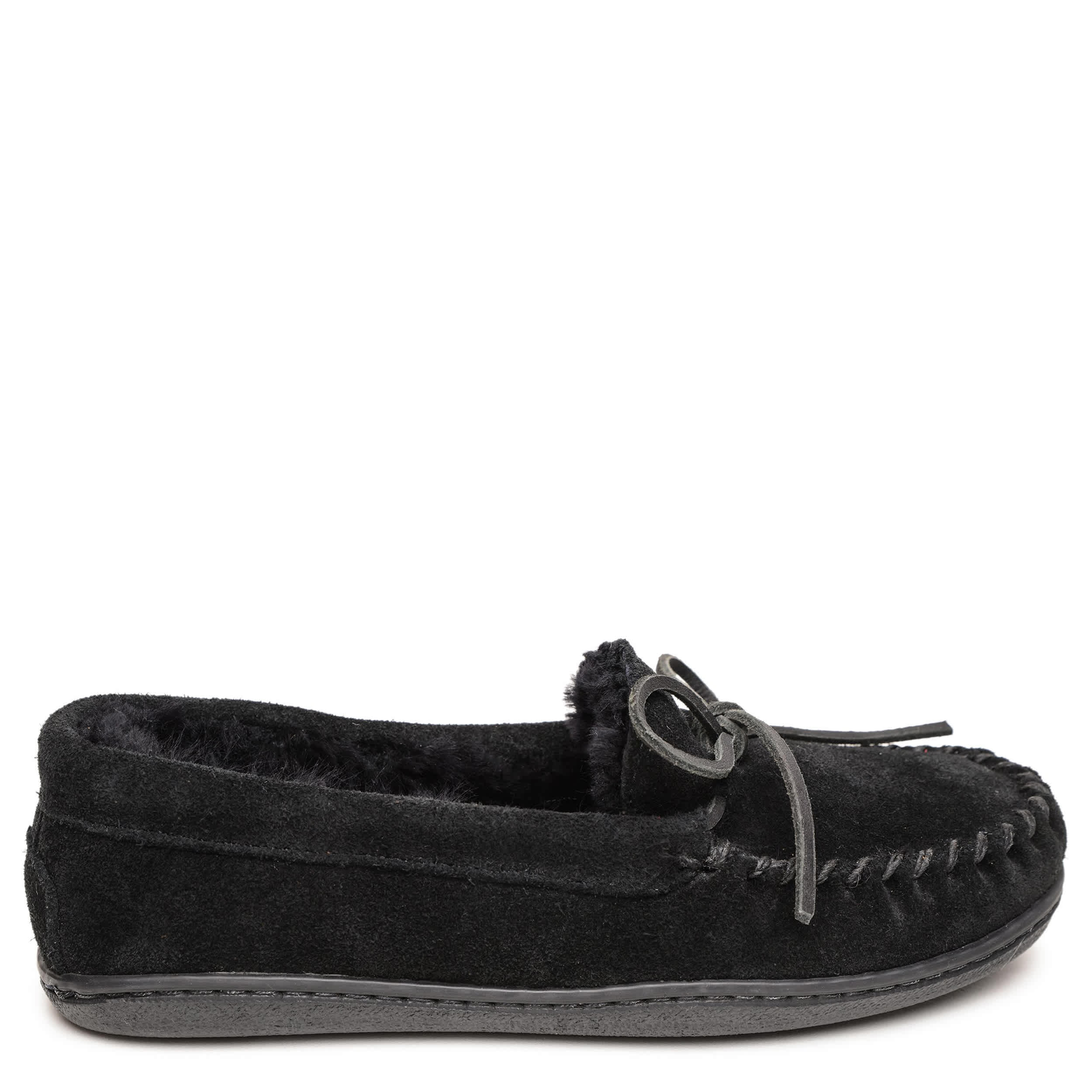 MINNETONKA-WOMENS SHEEPSKIN HARDSOLE SLIPPER-BLACK & 