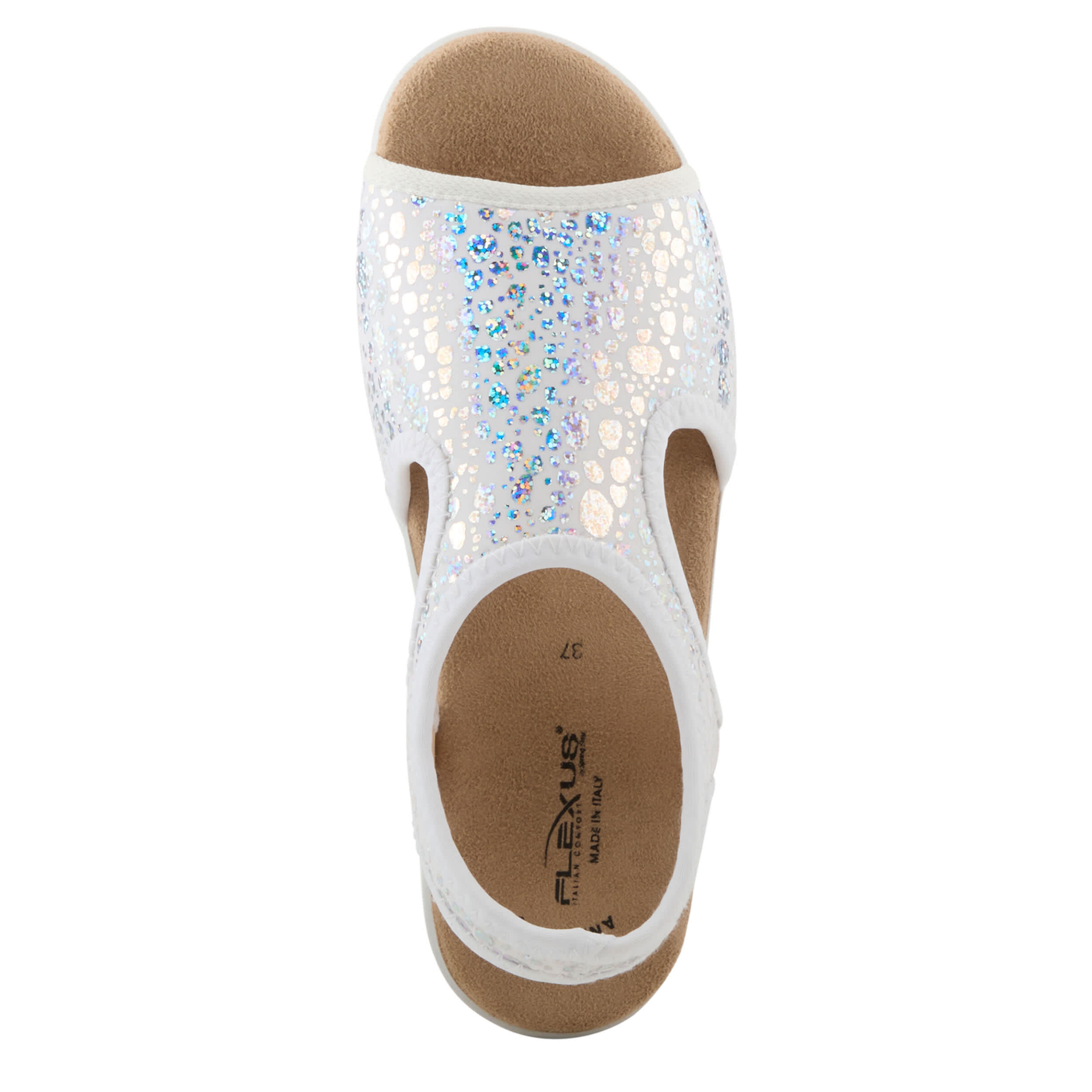 Flexus-WOMENS NYAMAN-CRACKLE FLAT SANDAL-SILVER & 