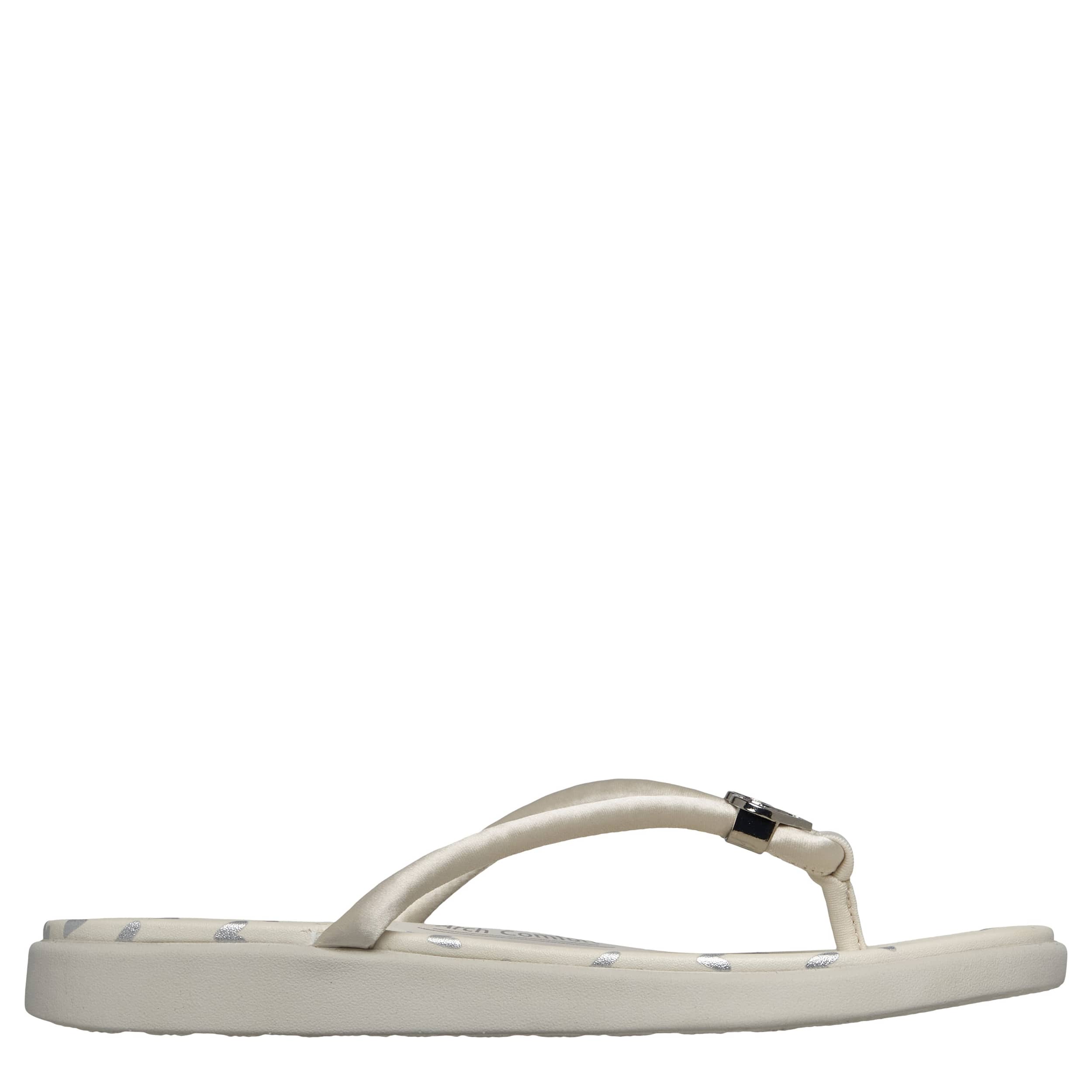 SKECHERS-WOMENS MEDITATION LUXE HEART SLIDE-UPS-WHITE & SILVER