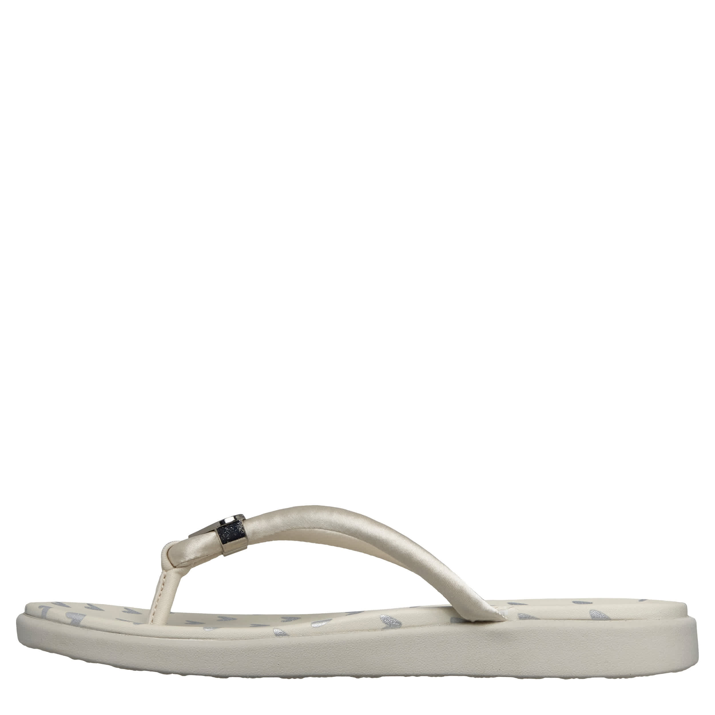 SKECHERS-WOMENS MEDITATION LUXE HEART SLIDE-UPS-WHITE & SILVER