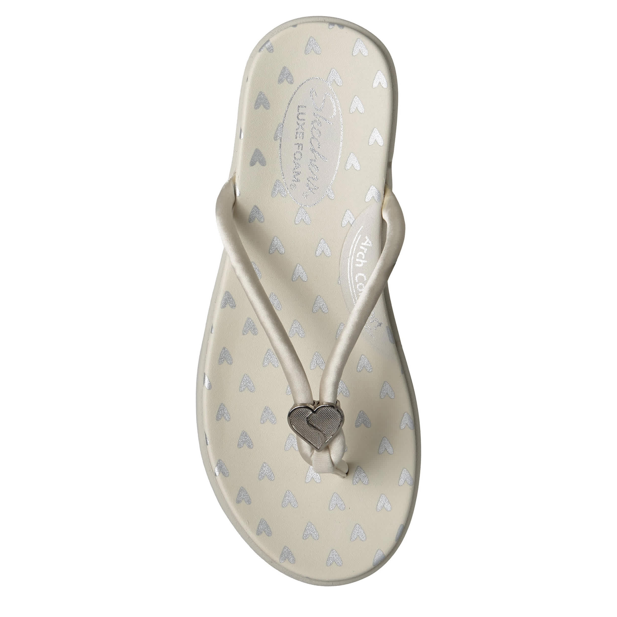 SKECHERS-WOMENS MEDITATION LUXE HEART SLIDE-UPS-WHITE & SILVER