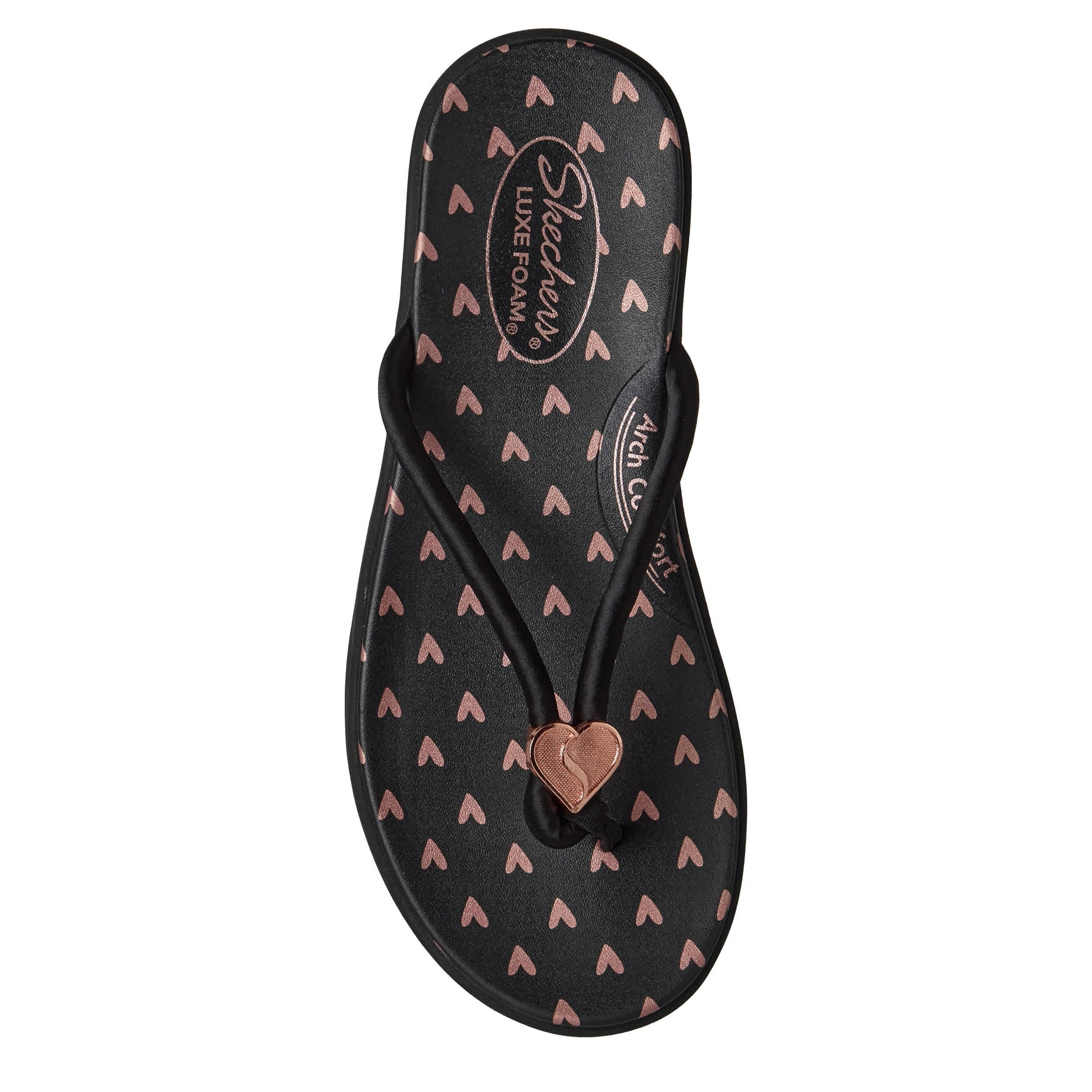 SKECHERS-WOMENS MEDITATION LUXE HEART SLIDE-UPS-BLACK & ROSE GOLD