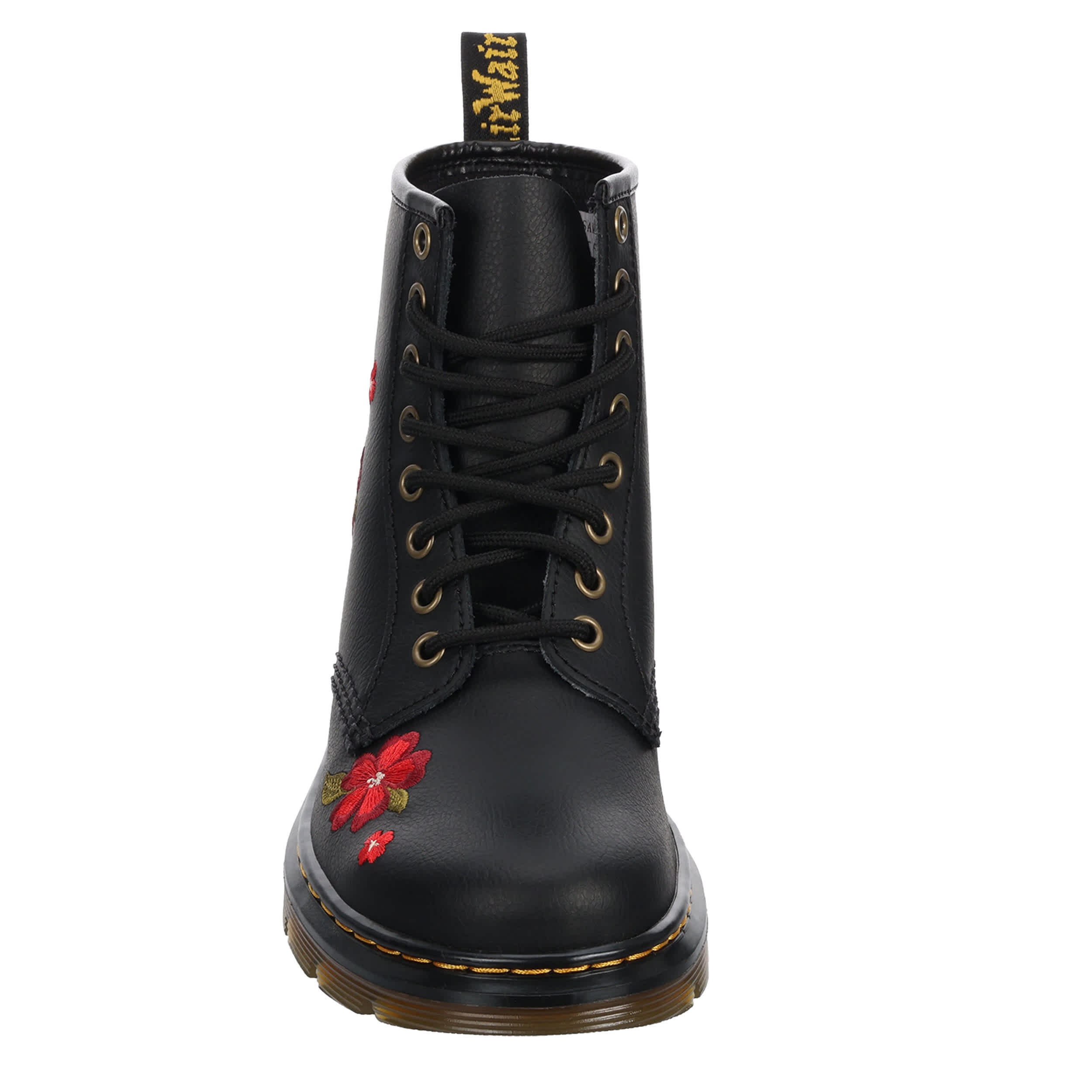 DR.MARTENS-WOMENS APRILE 8 EYE FLORAL EMBROIDERY LACE UP BOOT-BLACK & BURGUNDY