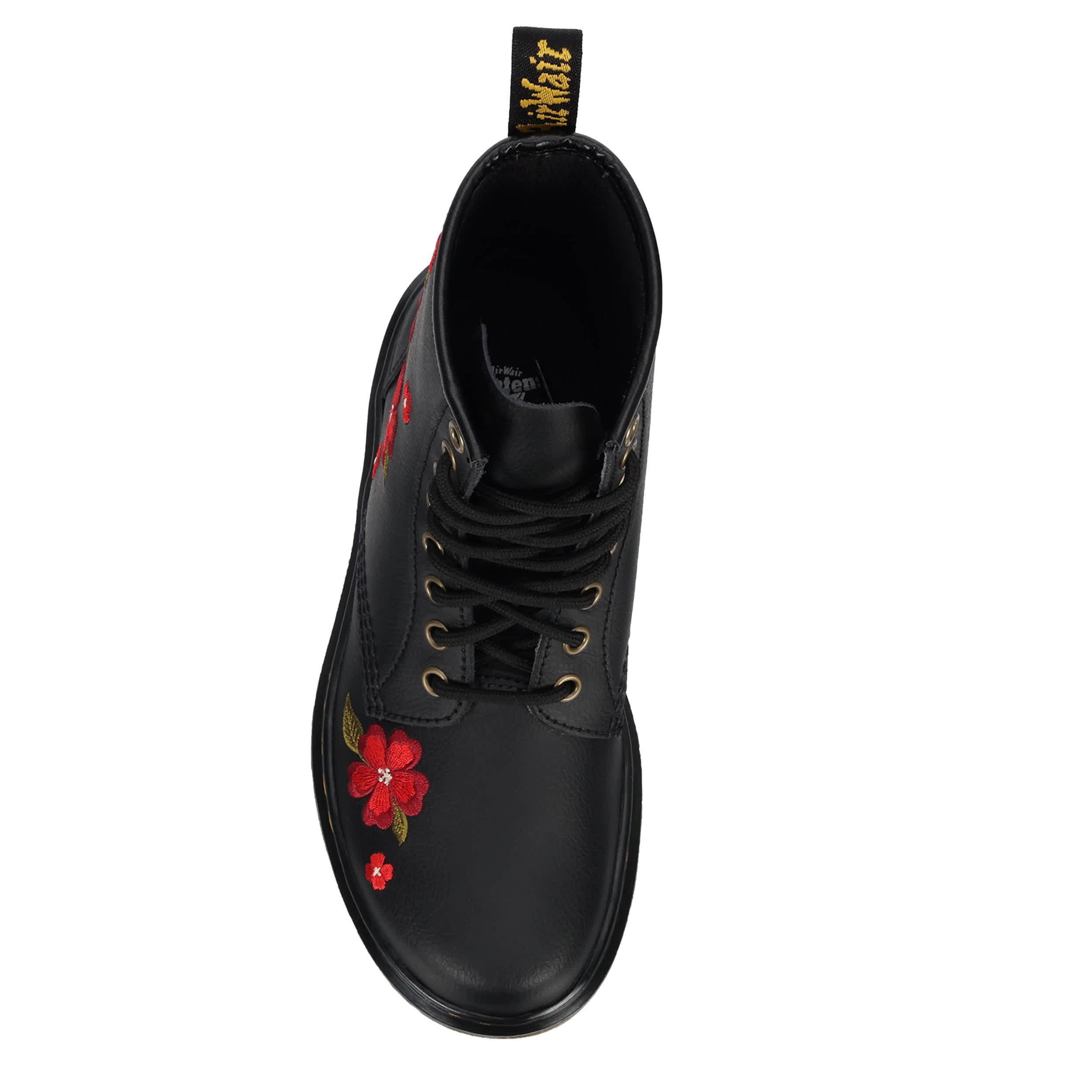DR.MARTENS-WOMENS APRILE 8 EYE FLORAL EMBROIDERY LACE UP BOOT-BLACK & BURGUNDY