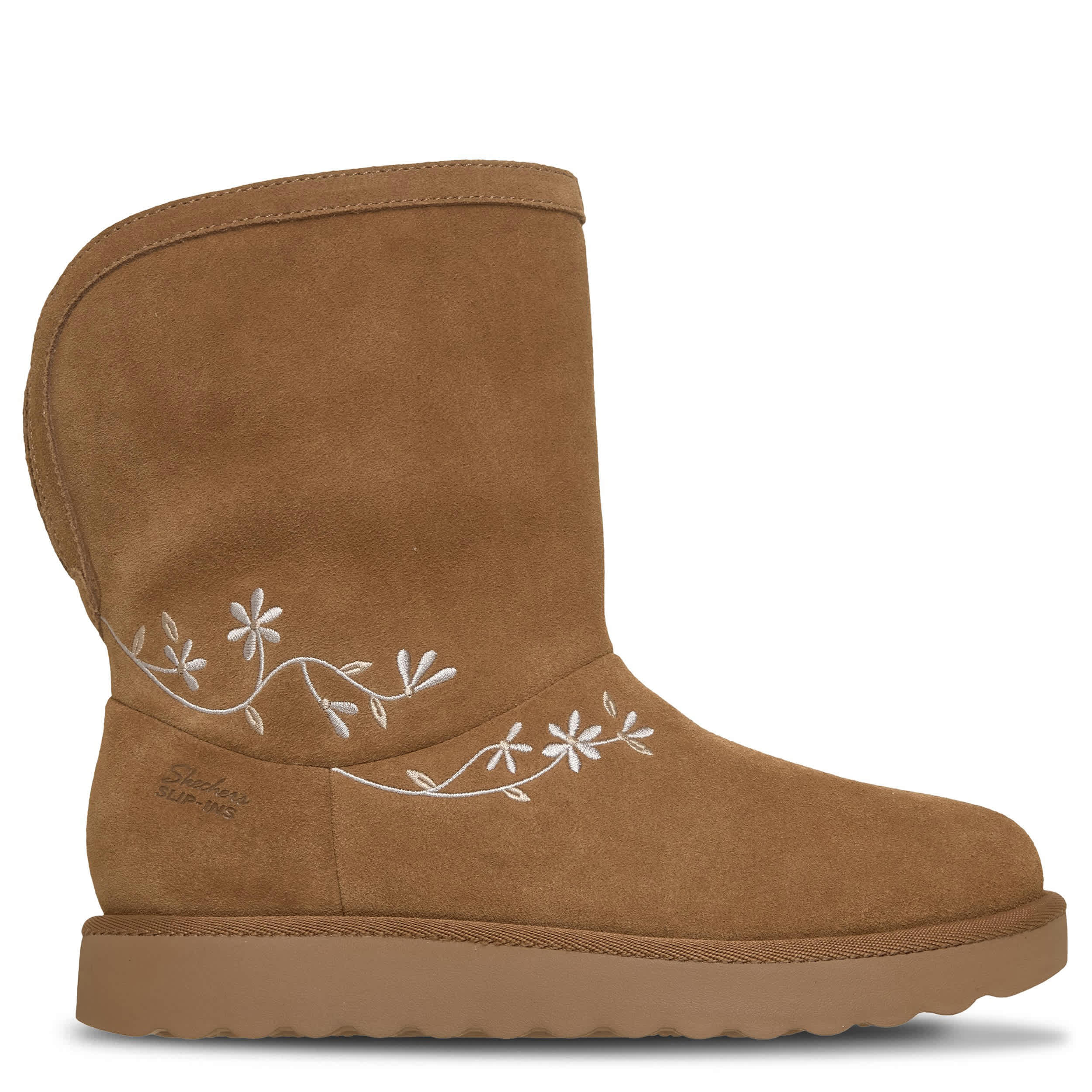 SKECHERS-WOMENS SLIP-INS COZY CHATEAU MID FLORAL BOOT-TAN & 