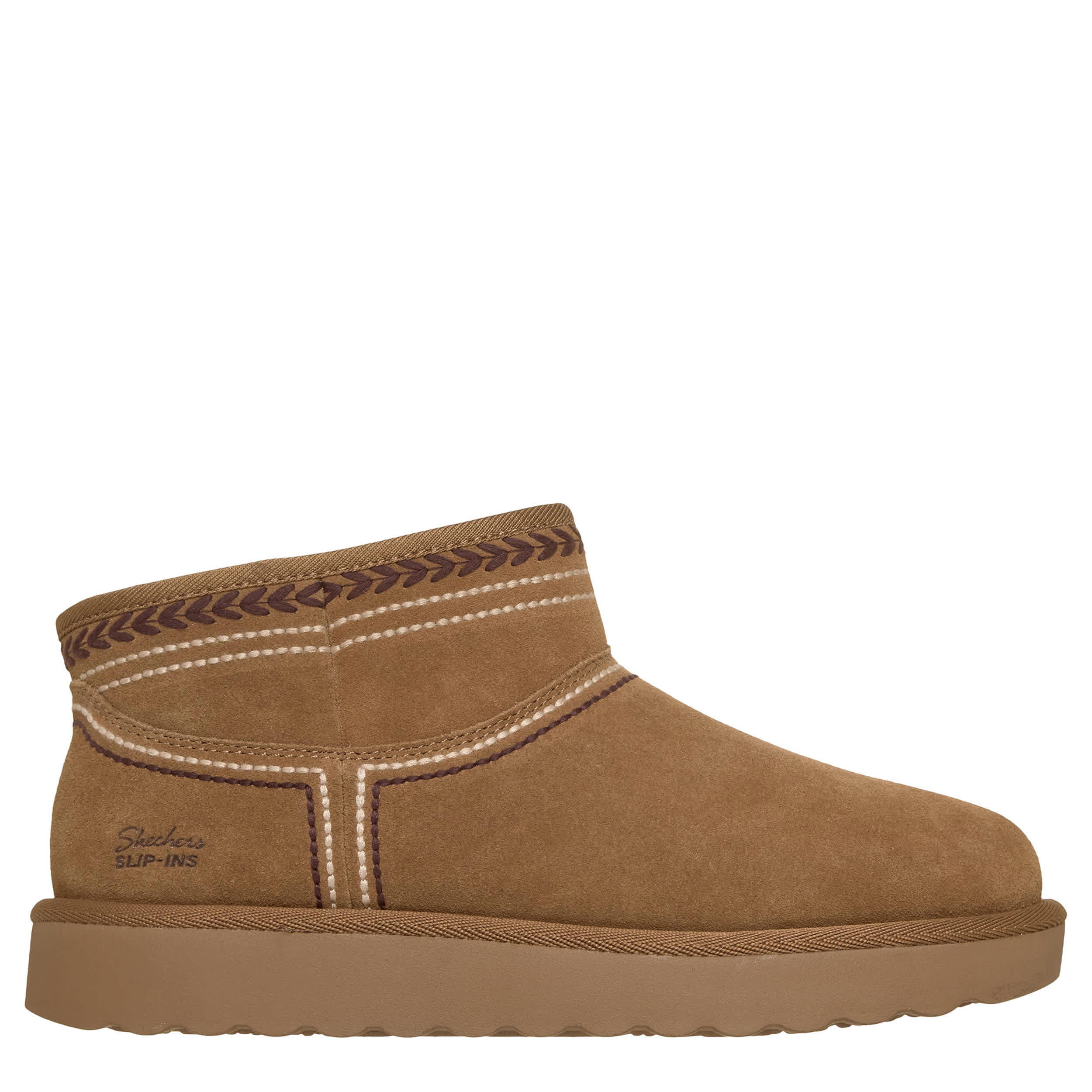 SKECHERS-WOMENS SLIP-INS COZY CHATEAU MINI FLORAL BOOT-TAN & 