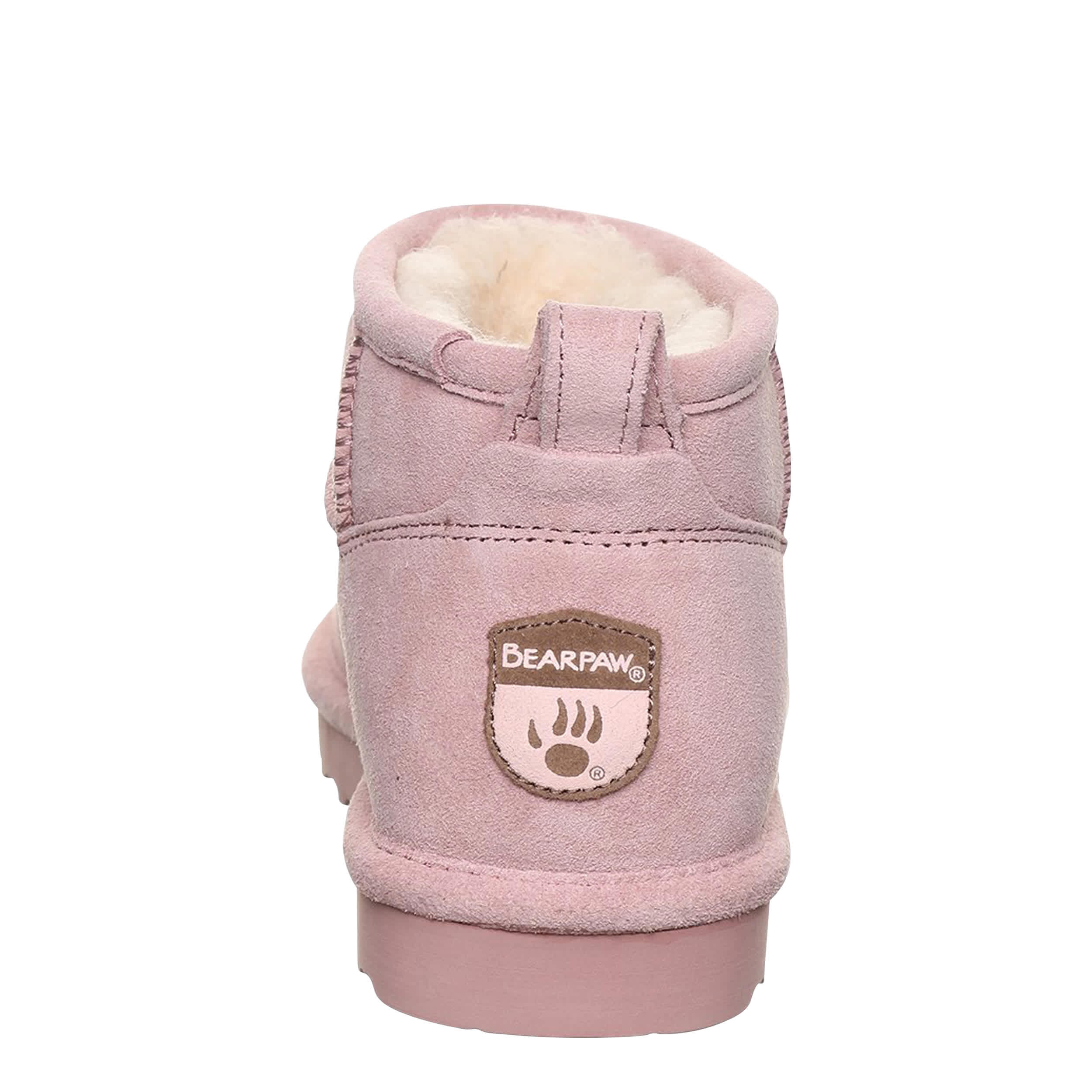 BEARPAW-WOMENS SHORTY FAUX FUR BOOT-PALE PINK & 