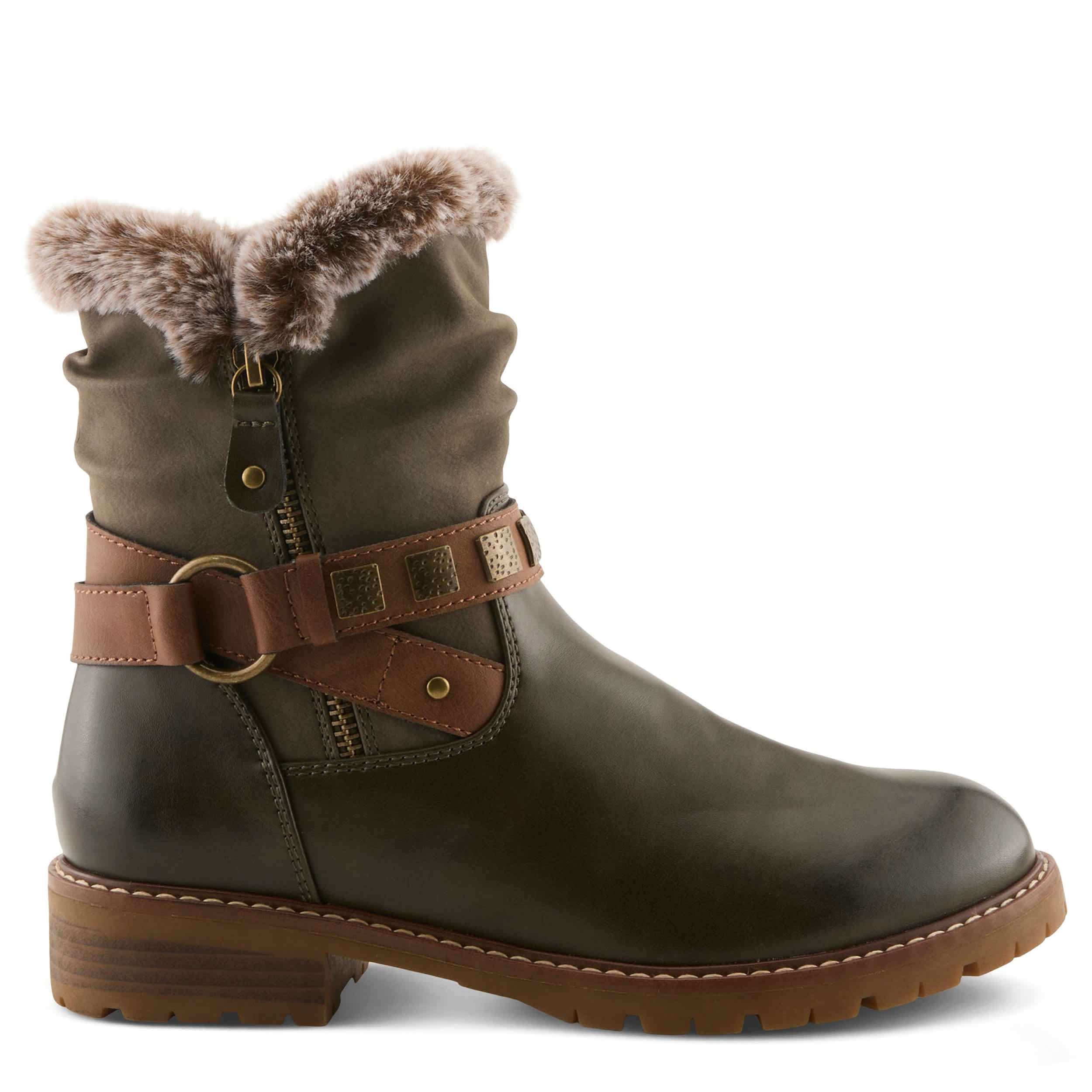 PATRIZIA-WOMENS VALEA FAUX FUR BOOTIE-OLIVE & DARK GREEN