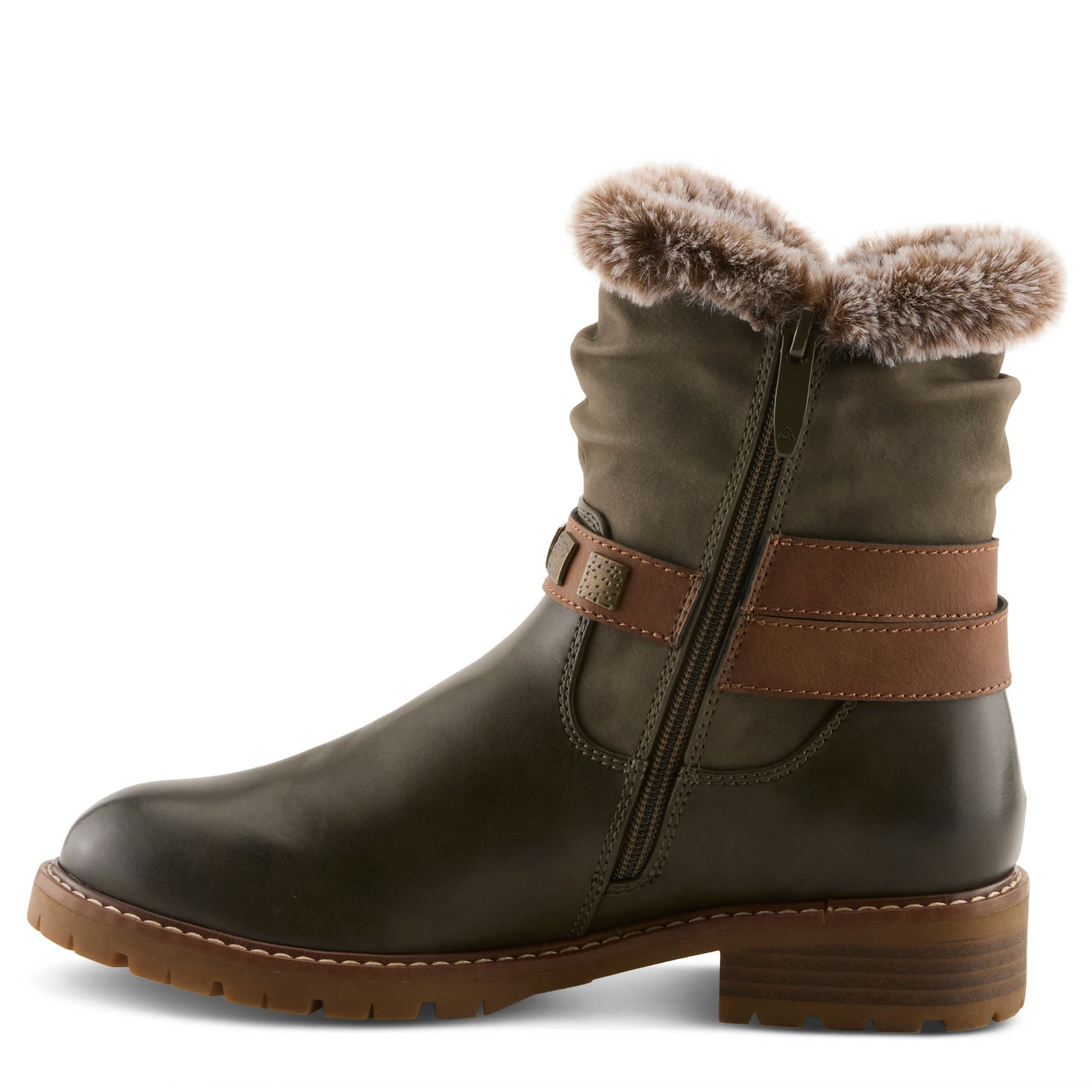 PATRIZIA-WOMENS VALEA FAUX FUR BOOTIE-OLIVE & DARK GREEN