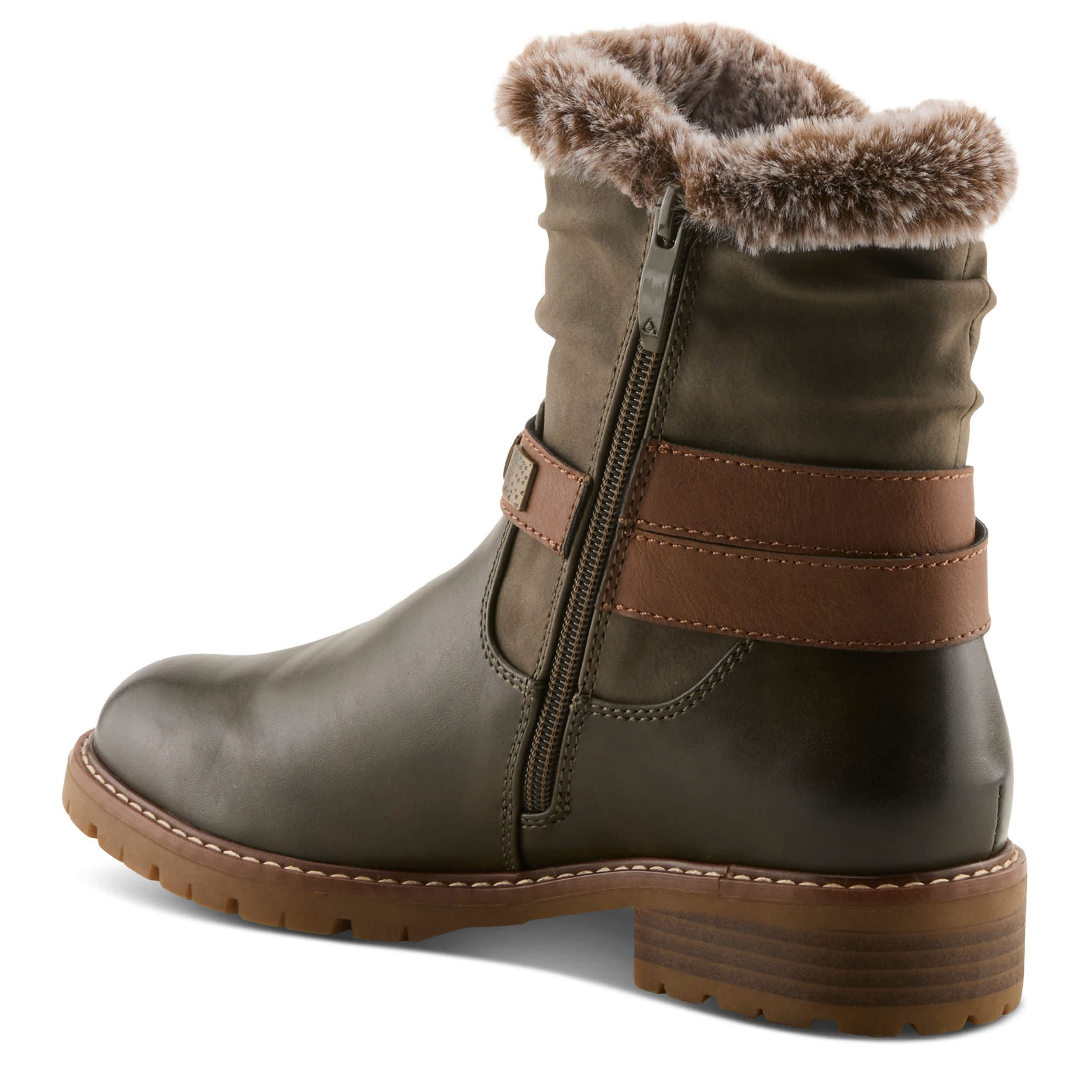 PATRIZIA-WOMENS VALEA FAUX FUR BOOTIE-OLIVE & DARK GREEN