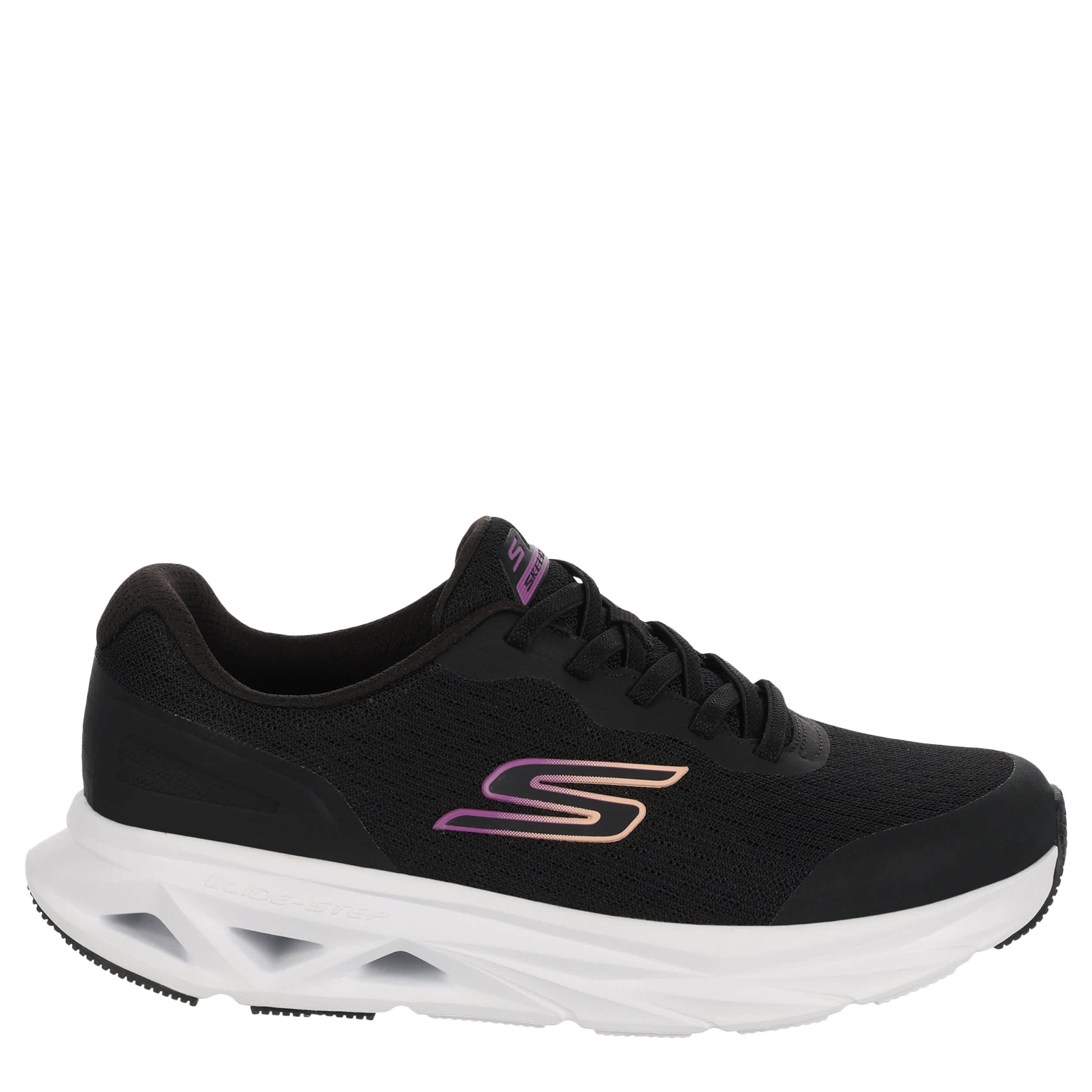 SKECHERS-WOMENS GLIDE-STEP VORTEX RUNNING SHOE-BLACK & WHITE