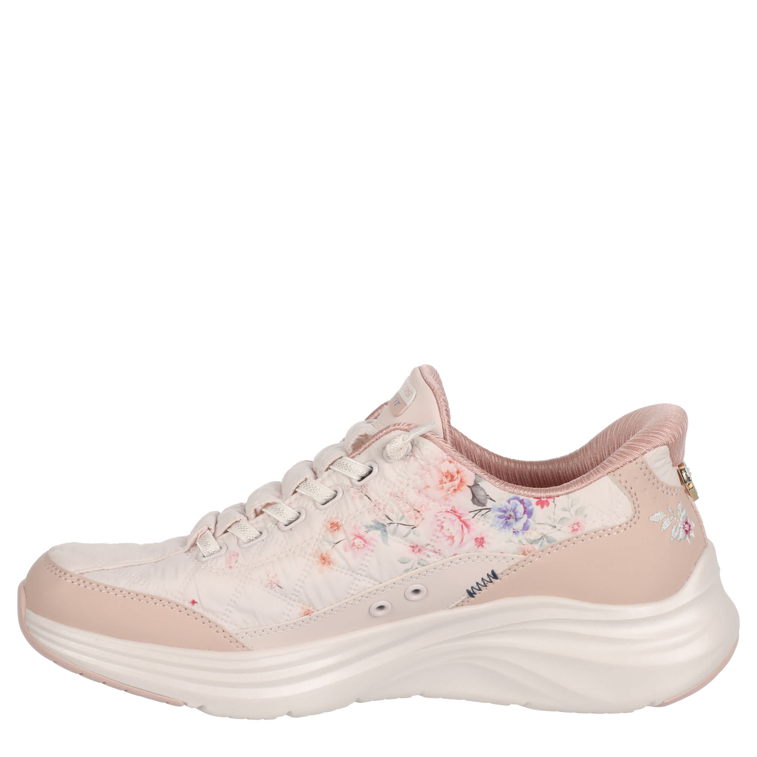 SKECHERS-WOMENS SLIP-INS CONTOUR FOAM COZY FIT SNEAKER-PINK & FLORAL