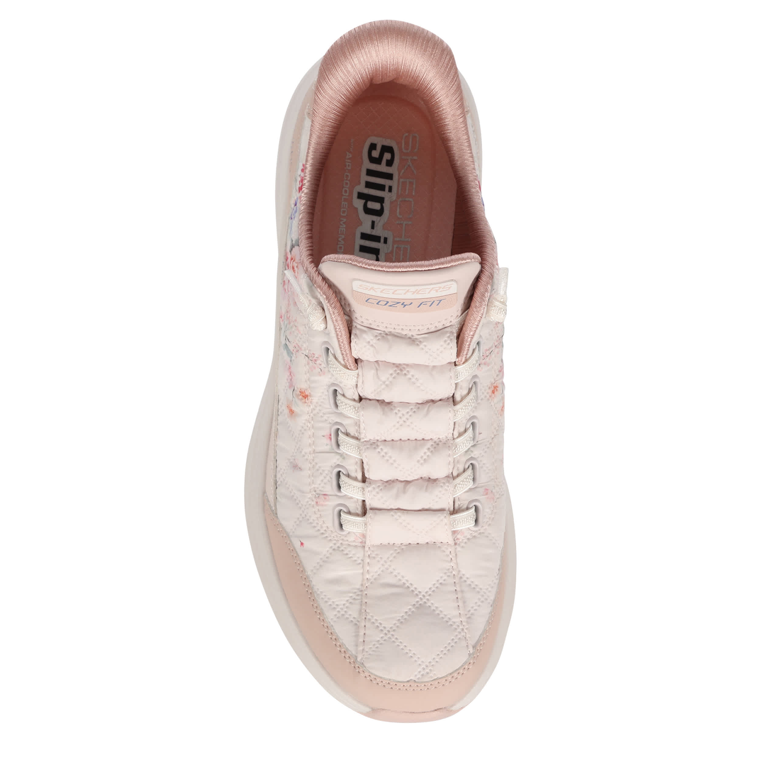 SKECHERS-WOMENS SLIP-INS CONTOUR FOAM COZY FIT SNEAKER-PINK & FLORAL