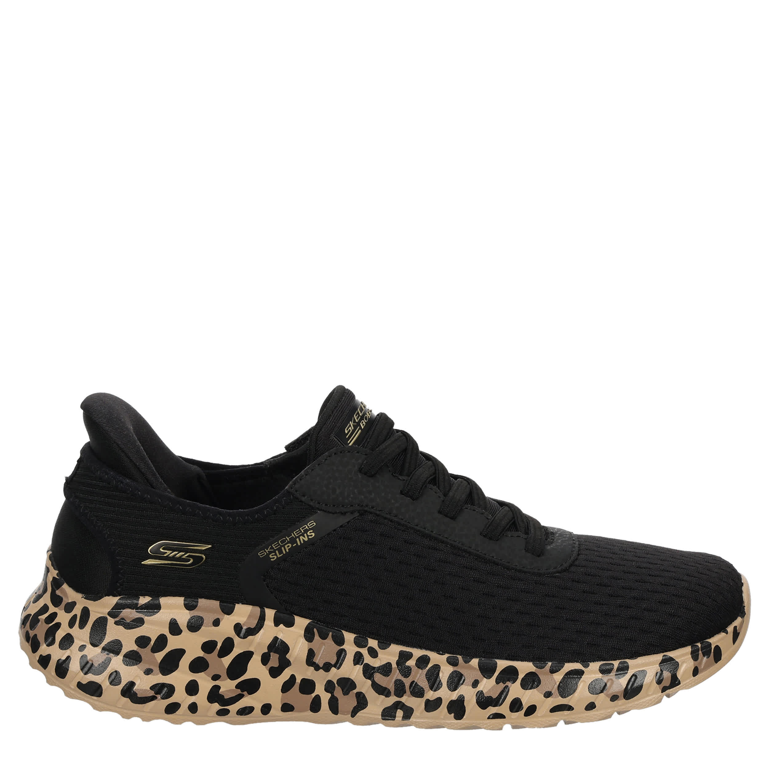 SKECHERS-WOMENS SLIP-INS SQUAD CHAOS SNEAKER-BLACK & ANIMAL