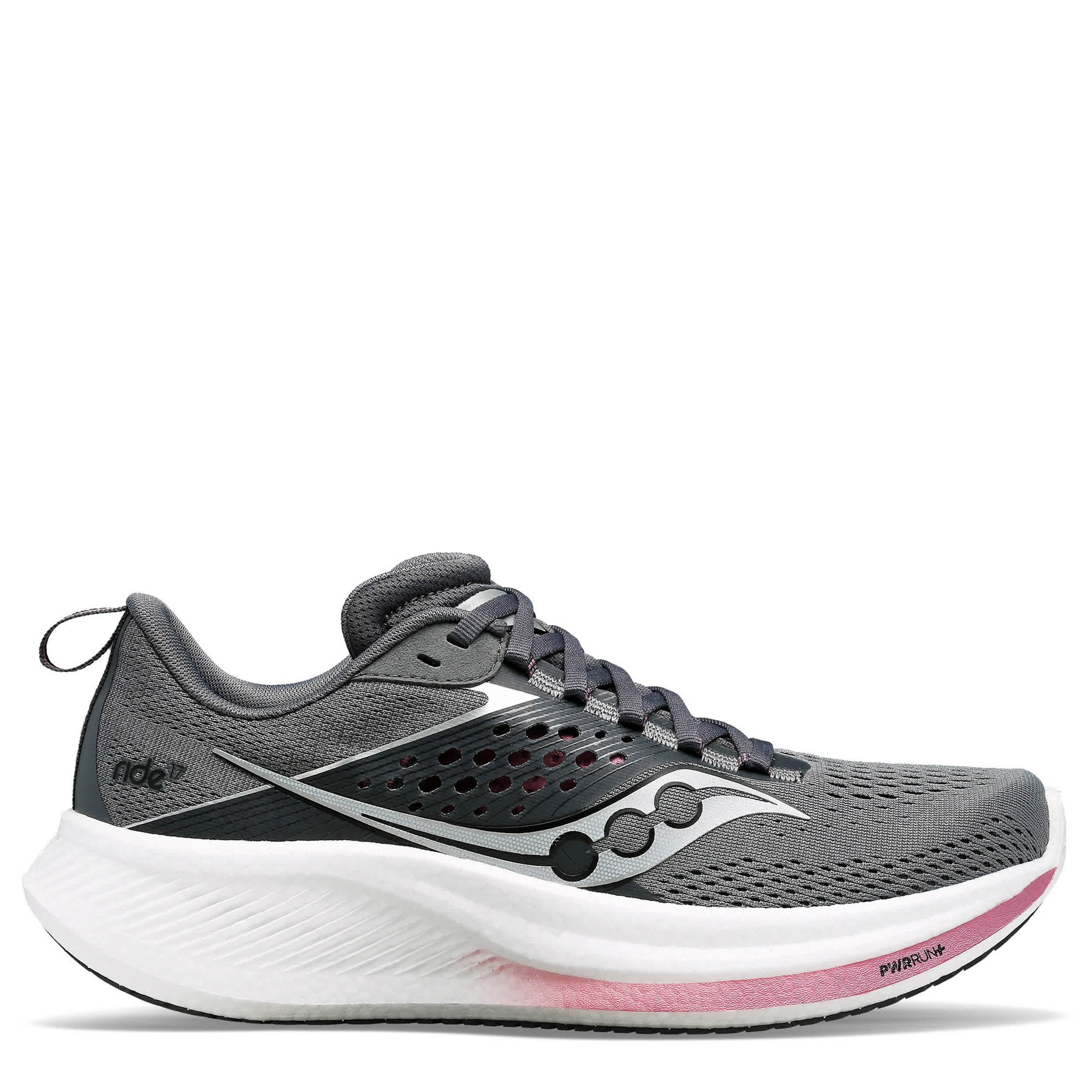 SAUCONY-WOMENS RIDE 17 RUNNING SHOE-GREY & PINK