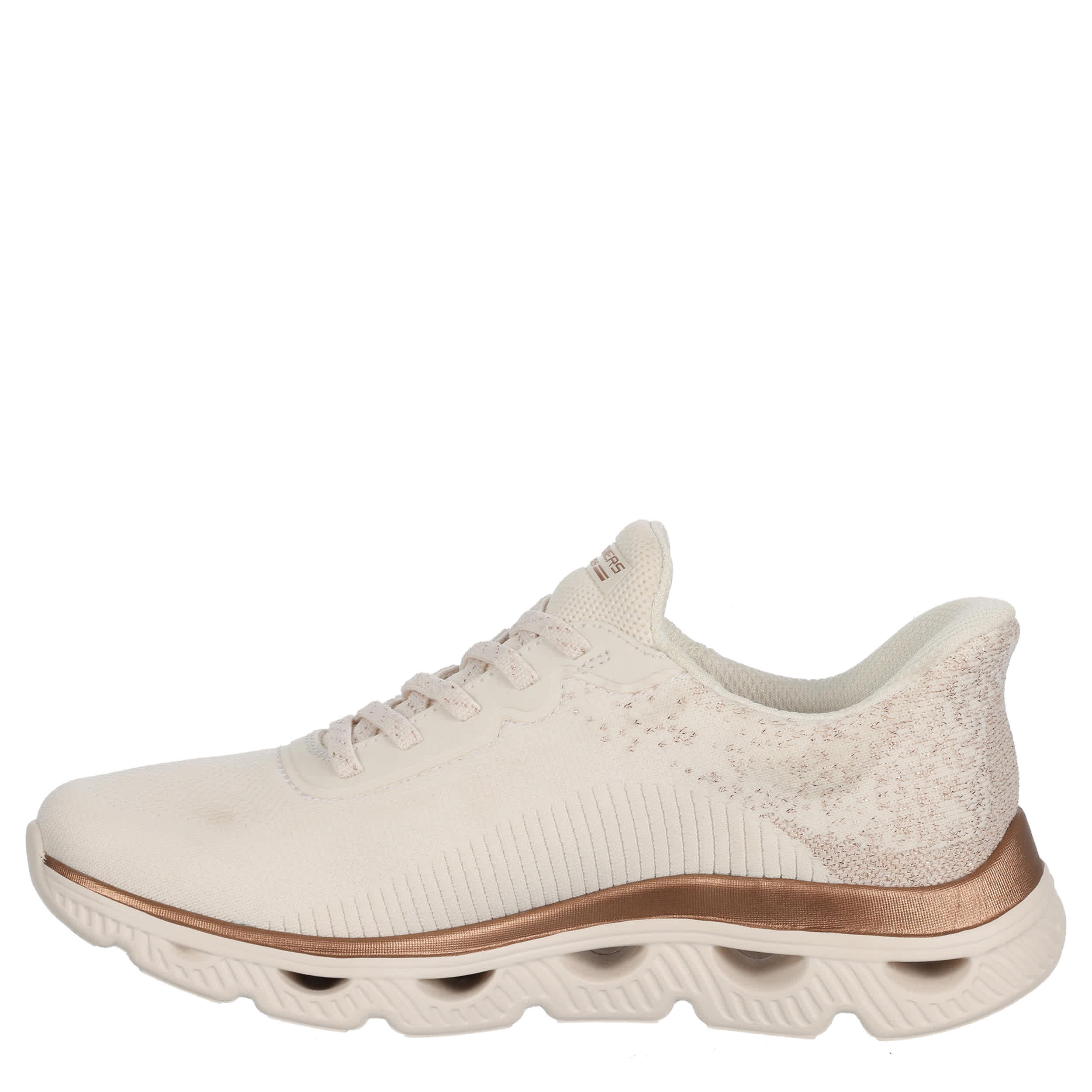 SKECHERS-WOMENS SLIP-INS GLIDE STEP ARC WAVES SNEAKER-WHITE & GOLD