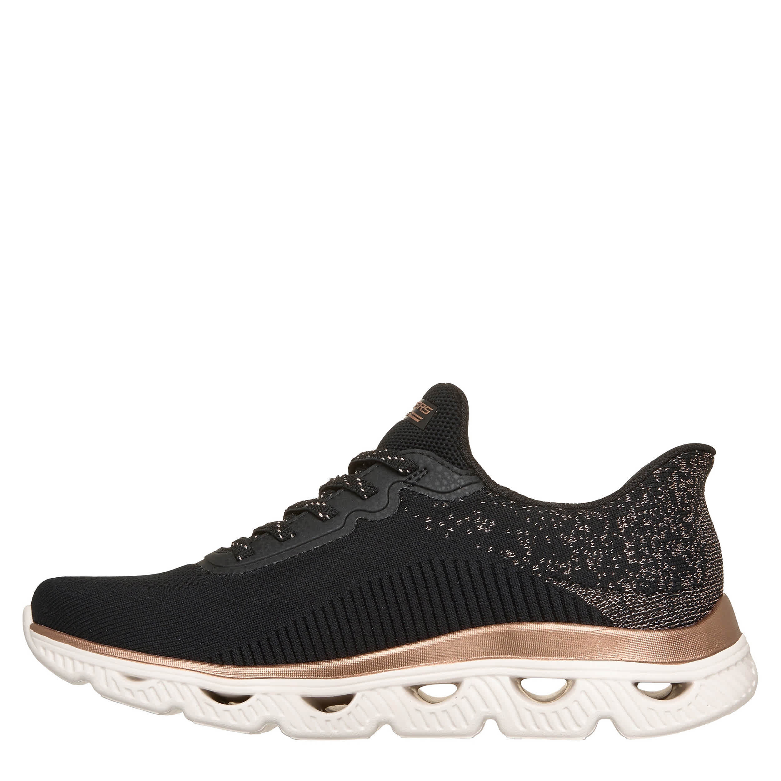 SKECHERS-WOMENS SLIP-INS GLIDE STEP ARC WAVES SNEAKER-BLACK & GOLD