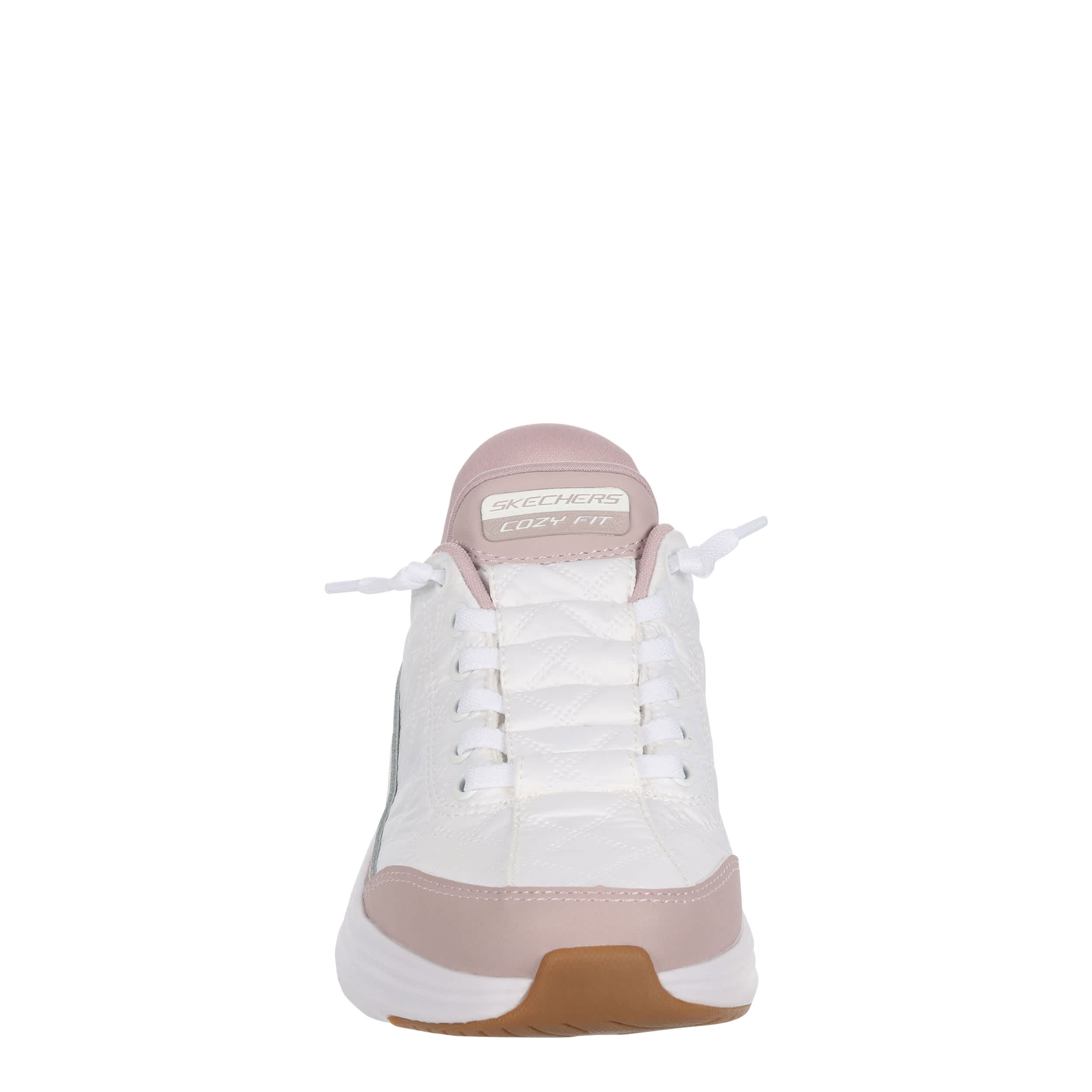 SKECHERS-WOMENS SLIP-INS CONTOUR FOAM COZY FIT SNEAKER-WHITE & PURPLE