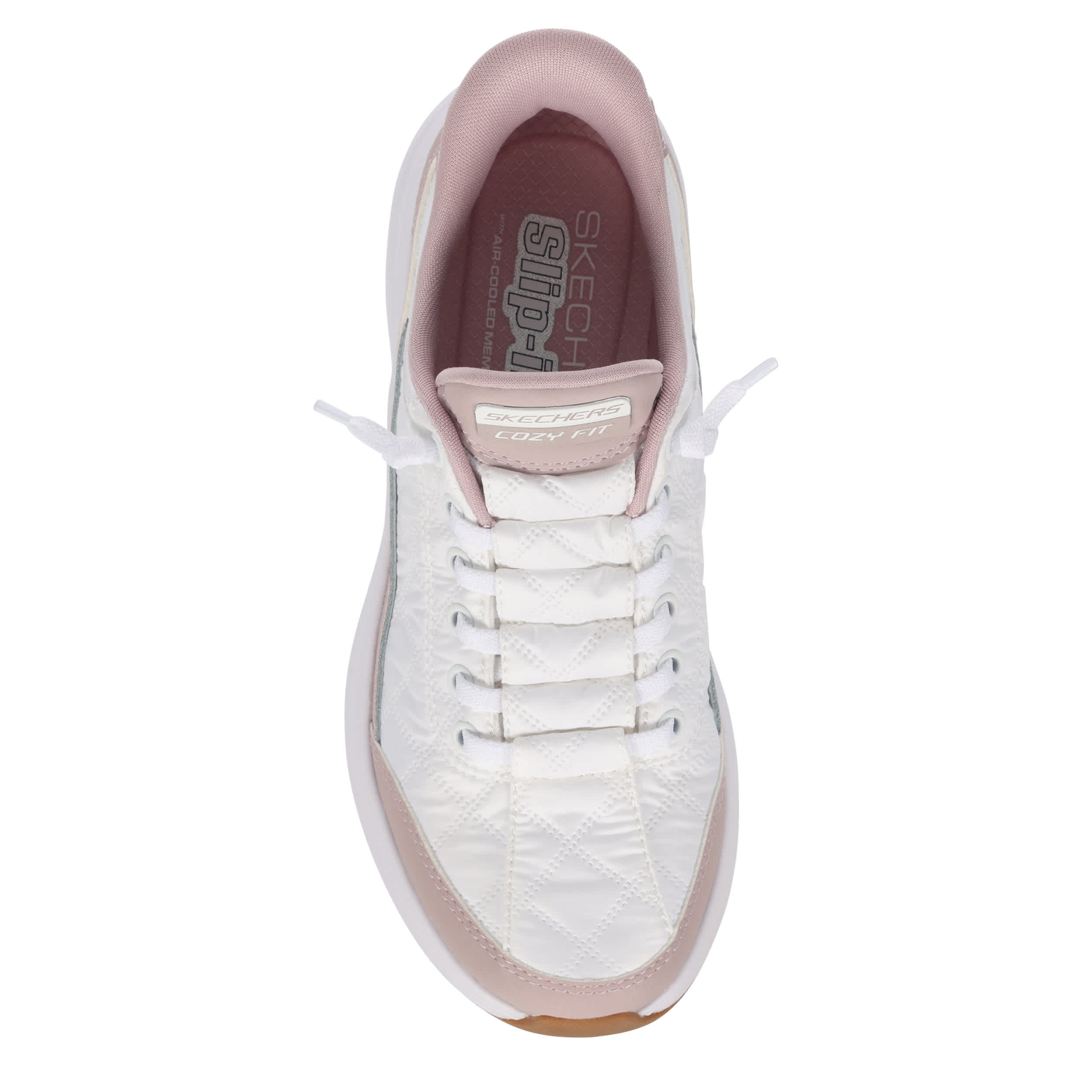 SKECHERS-WOMENS SLIP-INS CONTOUR FOAM COZY FIT SNEAKER-WHITE & PURPLE