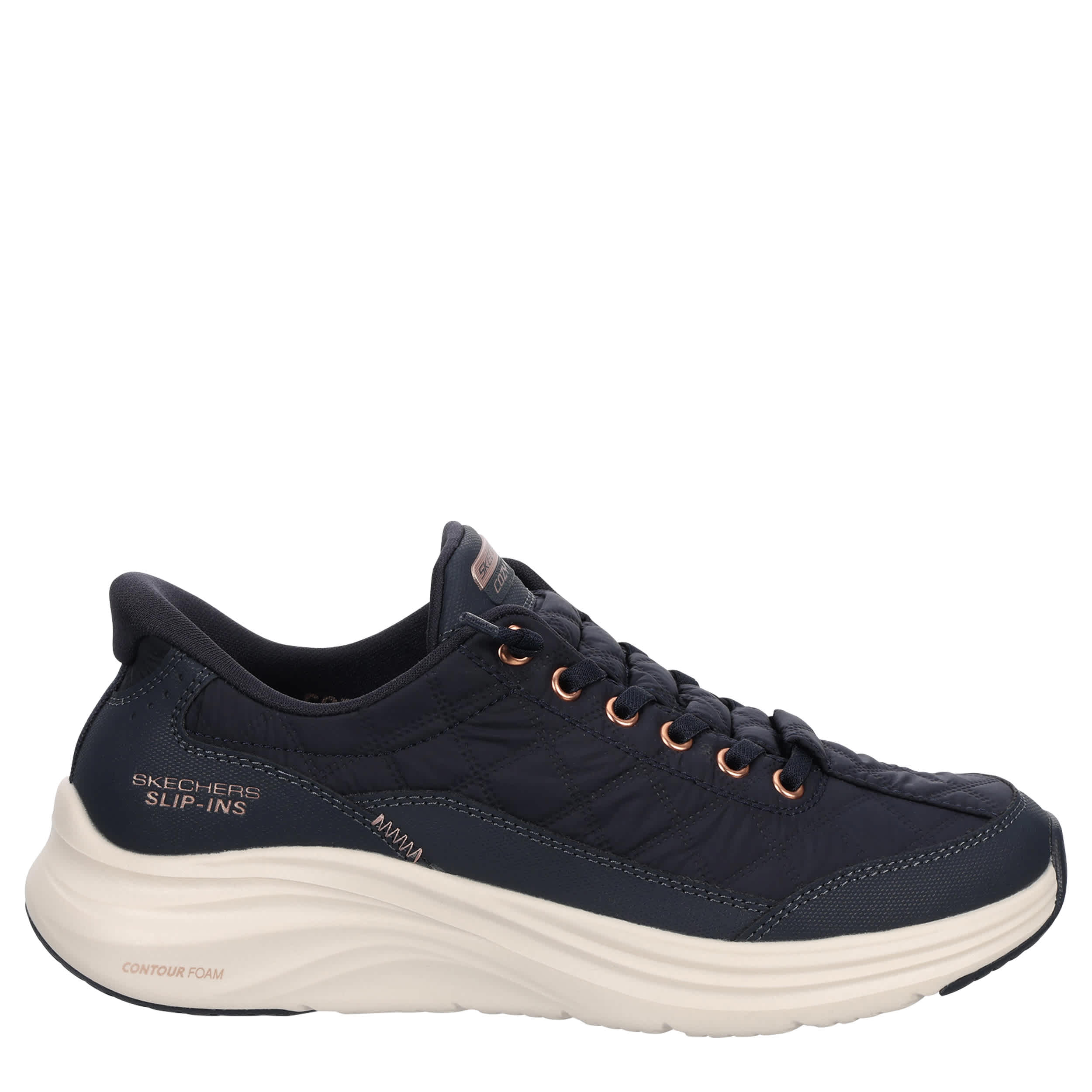 SKECHERS-WOMENS SLIP-INS CONTOUR FOAM COZY FIT SNEAKER-NAVY & ROSE GOLD