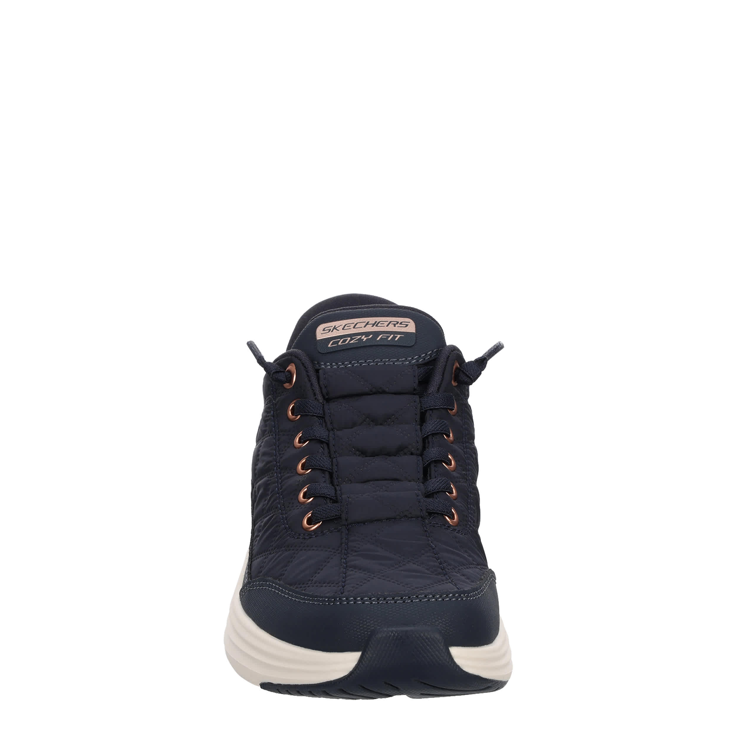 SKECHERS-WOMENS SLIP-INS CONTOUR FOAM COZY FIT SNEAKER-NAVY & ROSE GOLD