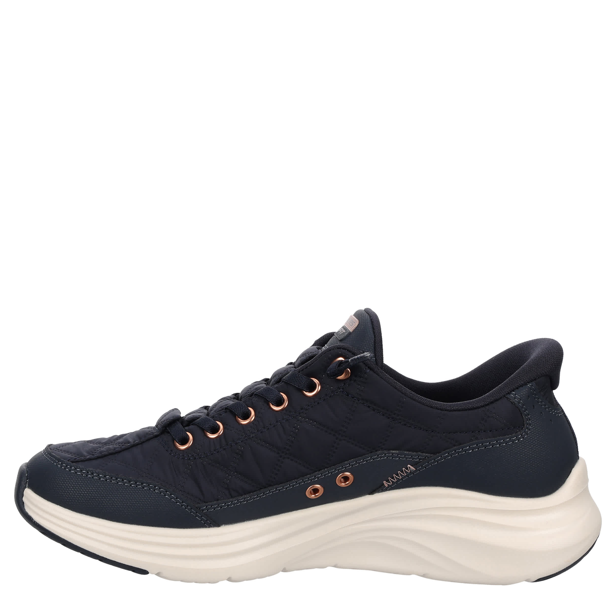 SKECHERS-WOMENS SLIP-INS CONTOUR FOAM COZY FIT SNEAKER-NAVY & ROSE GOLD