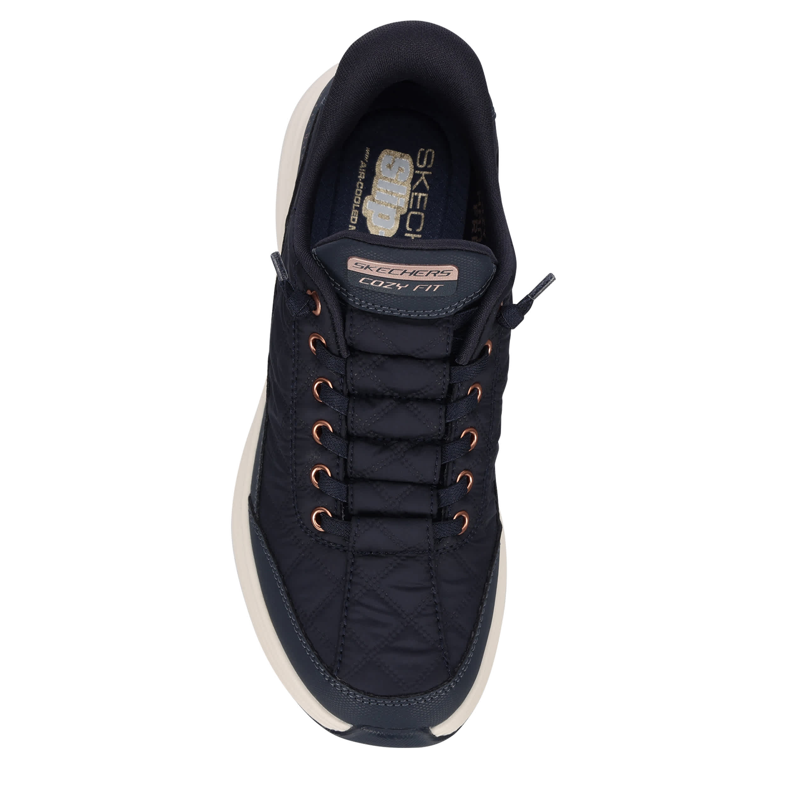 SKECHERS-WOMENS SLIP-INS CONTOUR FOAM COZY FIT SNEAKER-NAVY & ROSE GOLD