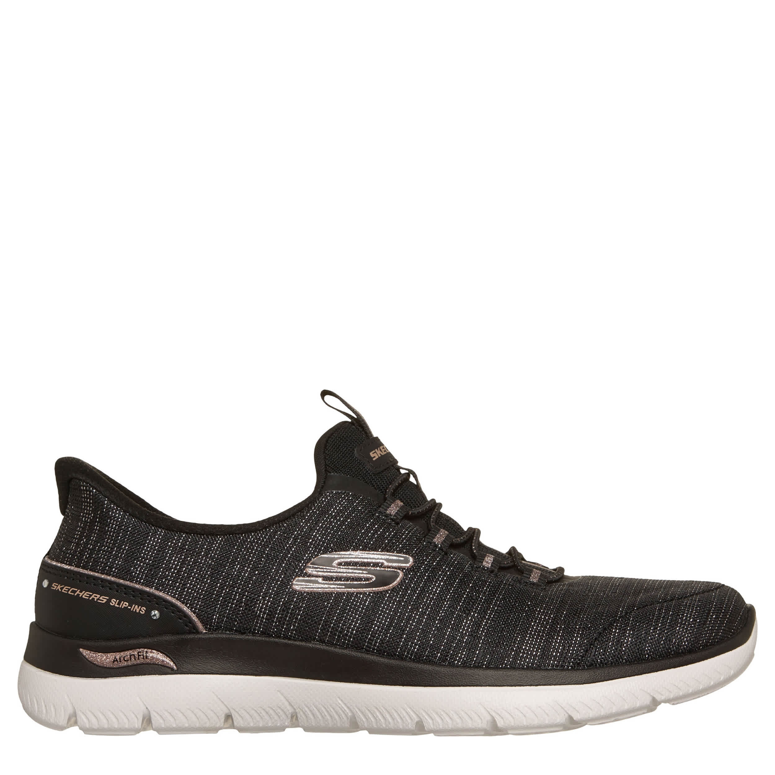 SKECHERS-WOMENS SLIP-INS ARCH FIT SUMMITS RUNNING SHOE-BLACK & ROSE GOLD