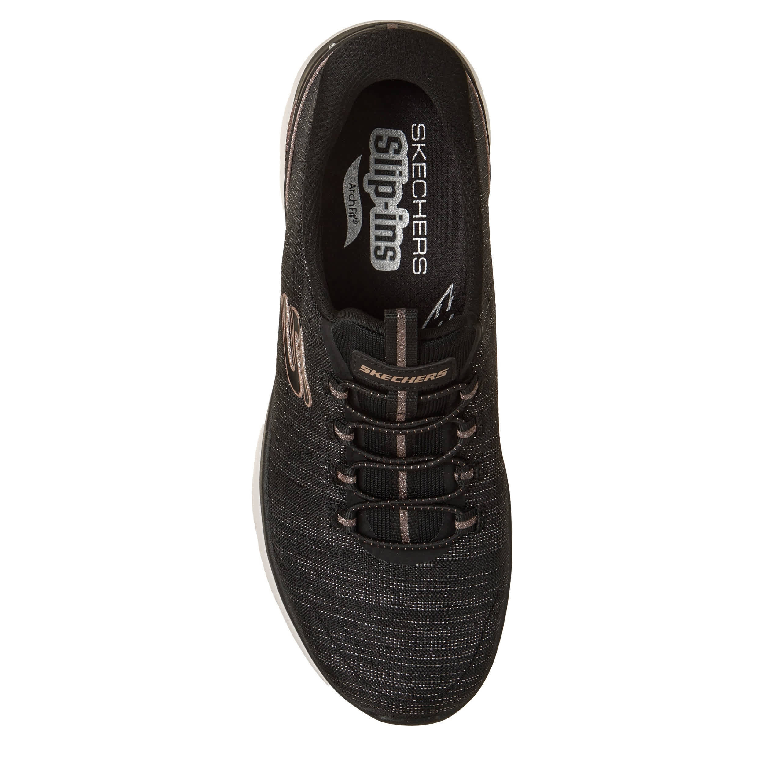 SKECHERS-WOMENS SLIP-INS ARCH FIT SUMMITS RUNNING SHOE-BLACK & ROSE GOLD