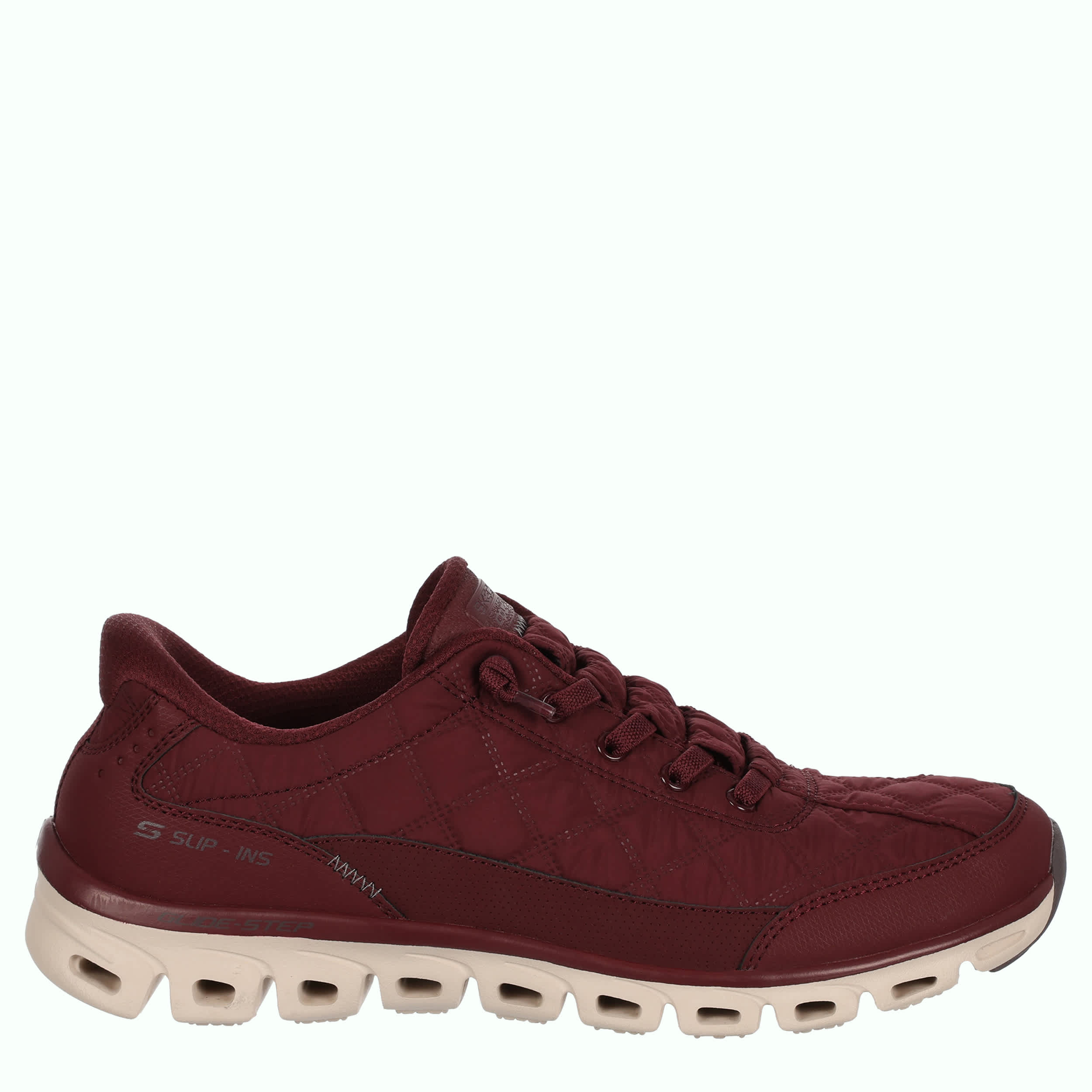 SKECHERS-WOMENS SLIP-INS GLIDE STEP COZY FIT RUNNING SHOE-BURGUNDY & OFF WHITE