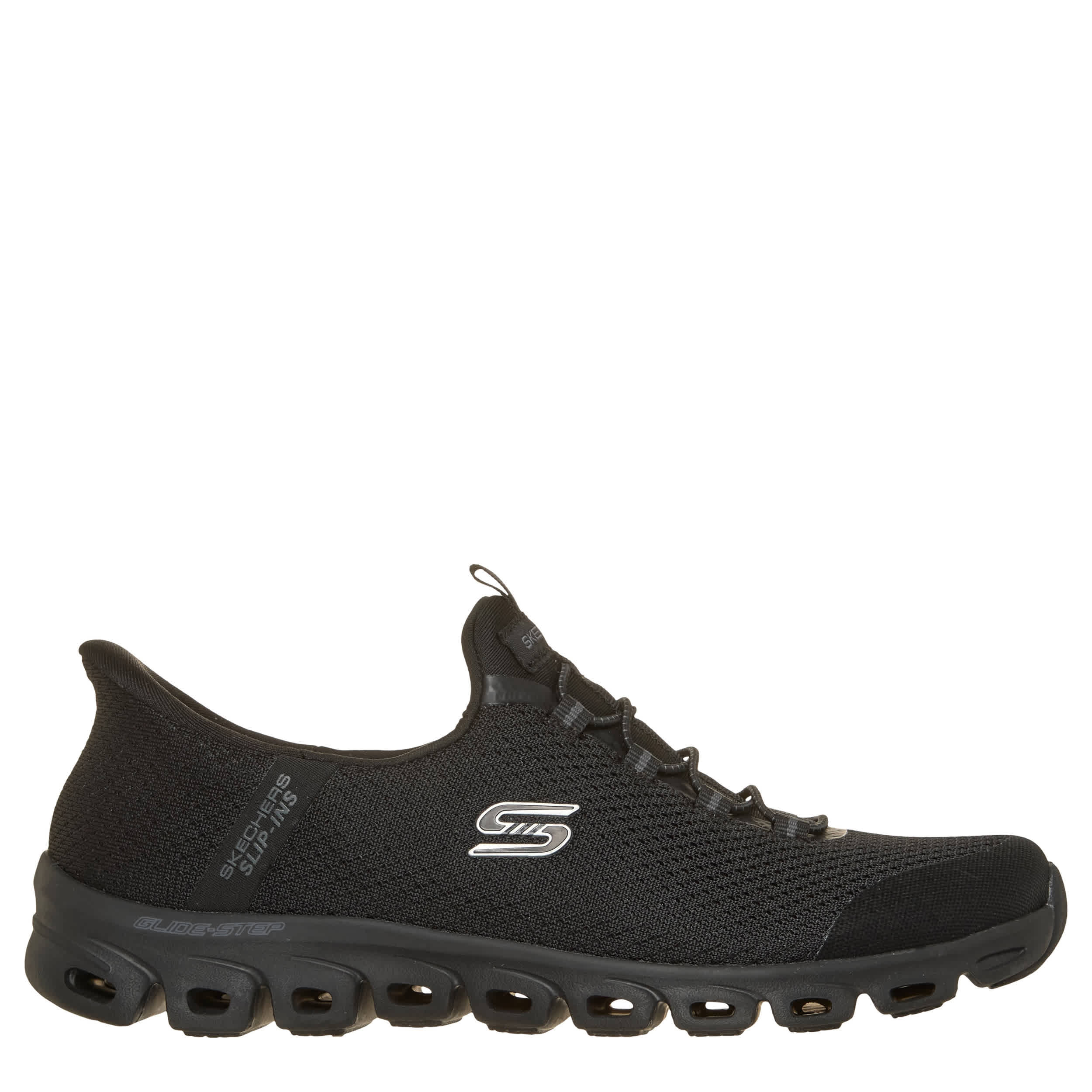 SKECHERS-WOMENS SLIP-INS GLIDE STEP PURSUIT RUNNING SHOE-BLACK & BLACK